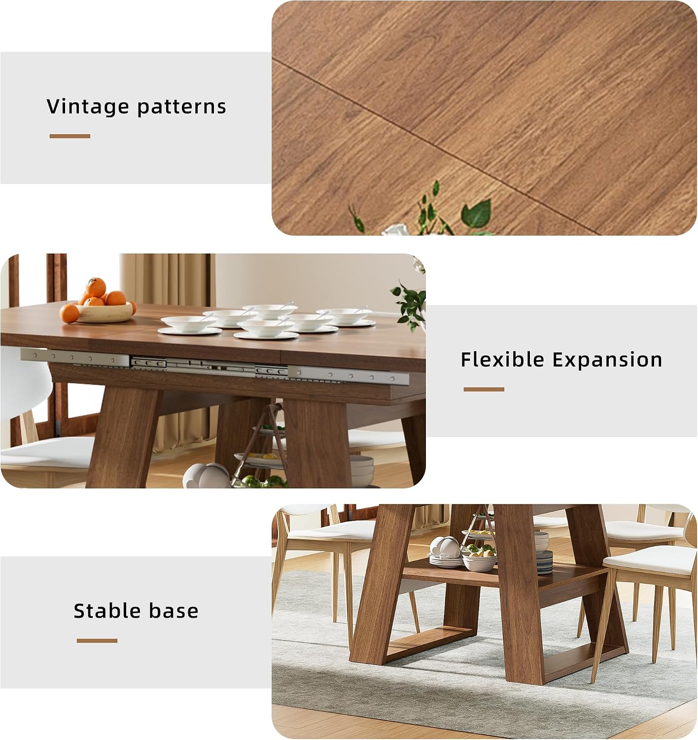 Lxsxlome 47.24''-66.92'' Extendable Dining Room Table for 4-6, Rectangle Extendable Kitchen Table with Removable Leaves, Space Saving, Wooden Dining Table with Storage Shelf (Style 2, Walnut)