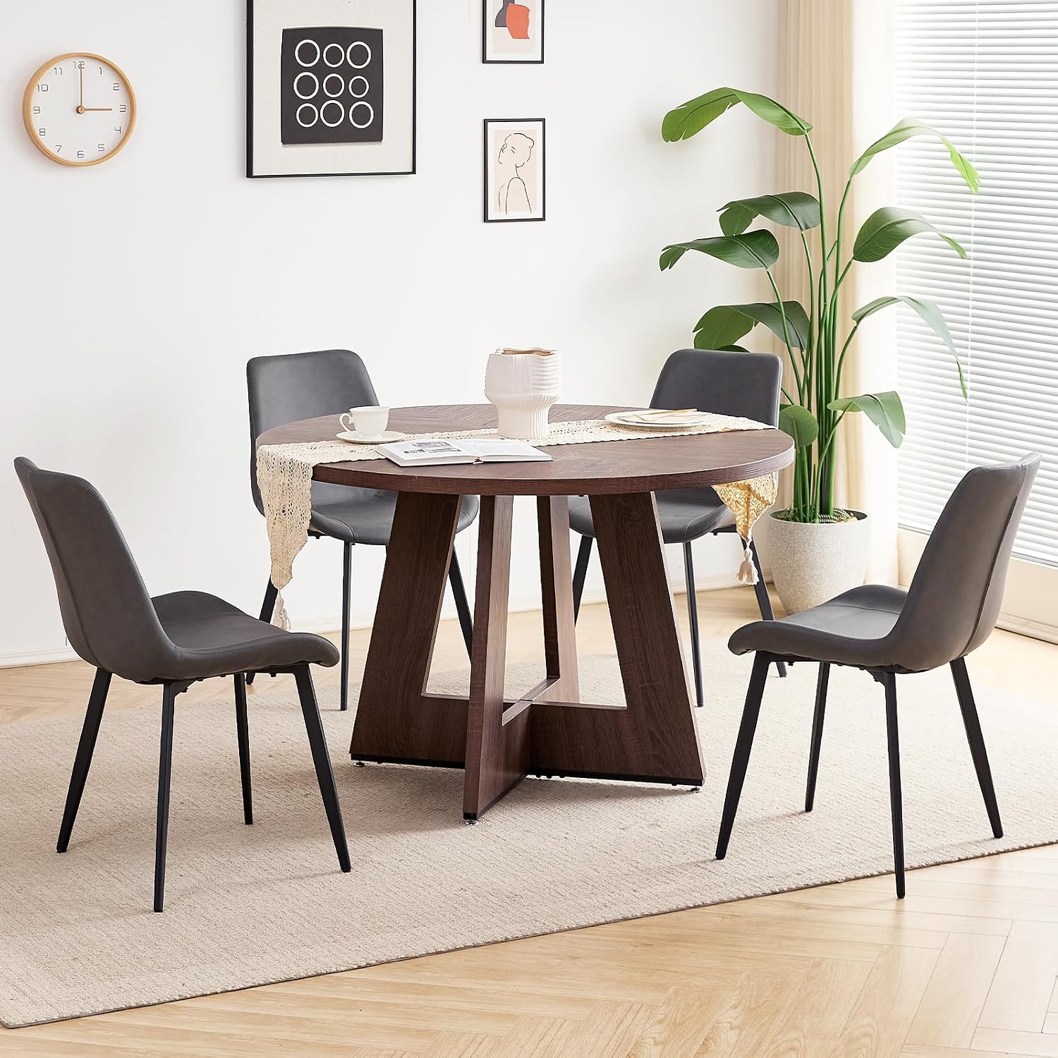 47 inch Round Dining Table Set for 4 with Chairs Kitchen Table and Chairs Set Mid-Century Modern Round Wood Kitchen Tables with Upholstered Synthetic Leather Chairs Set of 4