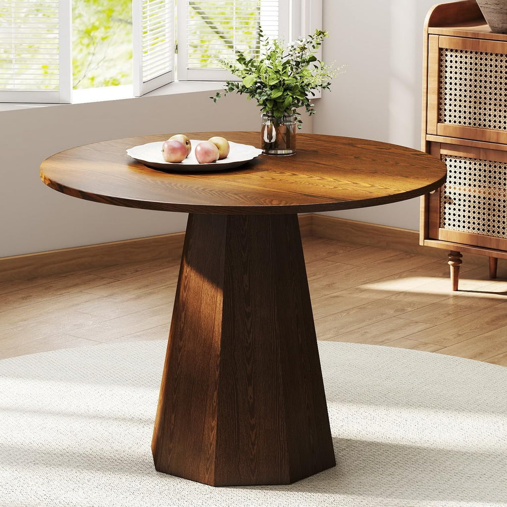 BESTANO 39' Round Solid Wood Dining Table for 4-5 People, Modern Pedestal Small Kitchen Table Circle Tabletop with Walnut Wood Grain Finish, Saving Space, Walnut