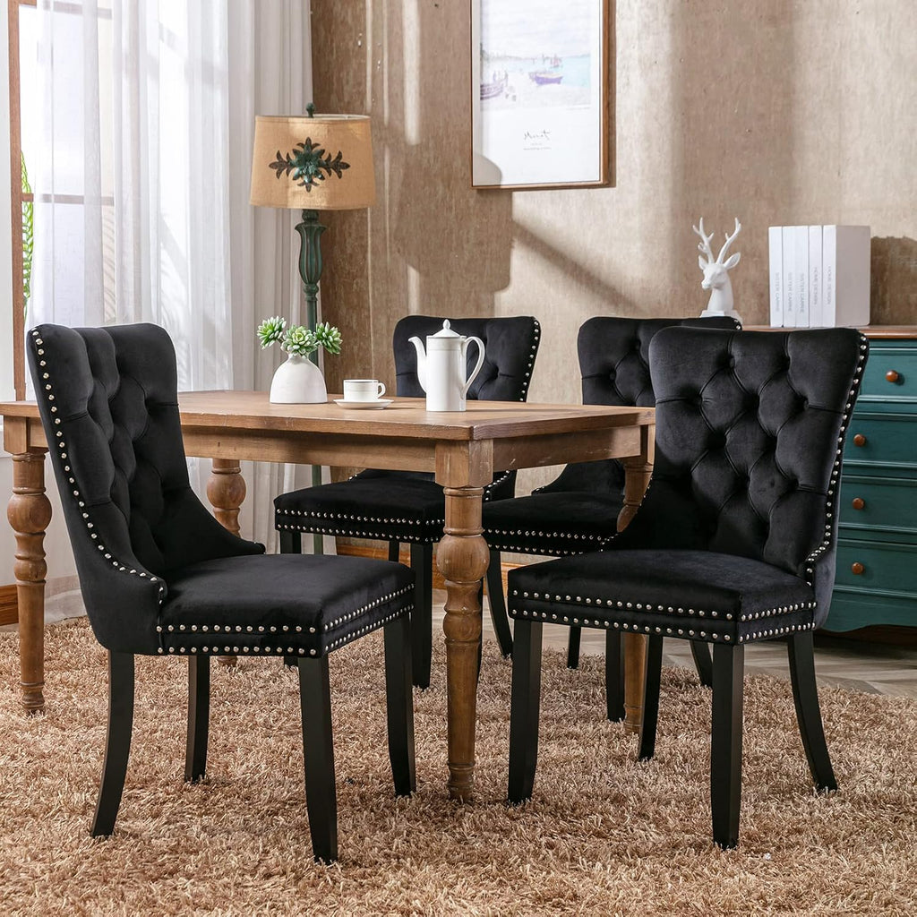 ODUSE-DAILY Black Velvet Dining Chairs Set of 8, Kitchen & Dining Room Chairs, Four Fabric Tufted Dinning Chairs, Velvet Upholstered, Wing Back, Metal Pull Ring, Wood Frame, Mid Century Modern