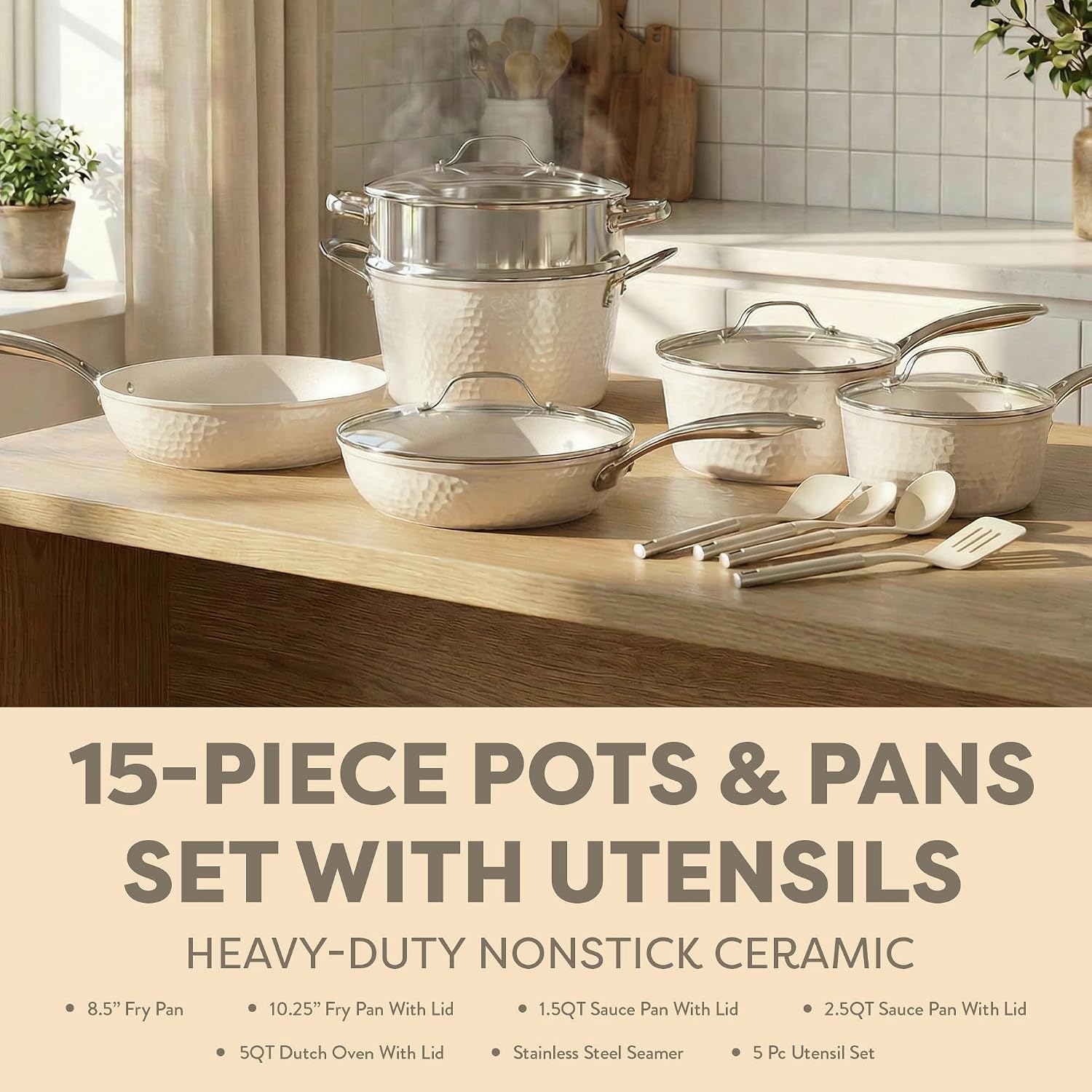 Gotham Steel Hammered 15 Pc Ceramic Cookware Set Nonstick, Pots and Pans Set Non Stick with Induction Cookware, Cooking Utensils & Steamer, Non Toxic PFOA PFOS Free, Oven & Dishwasher Safe