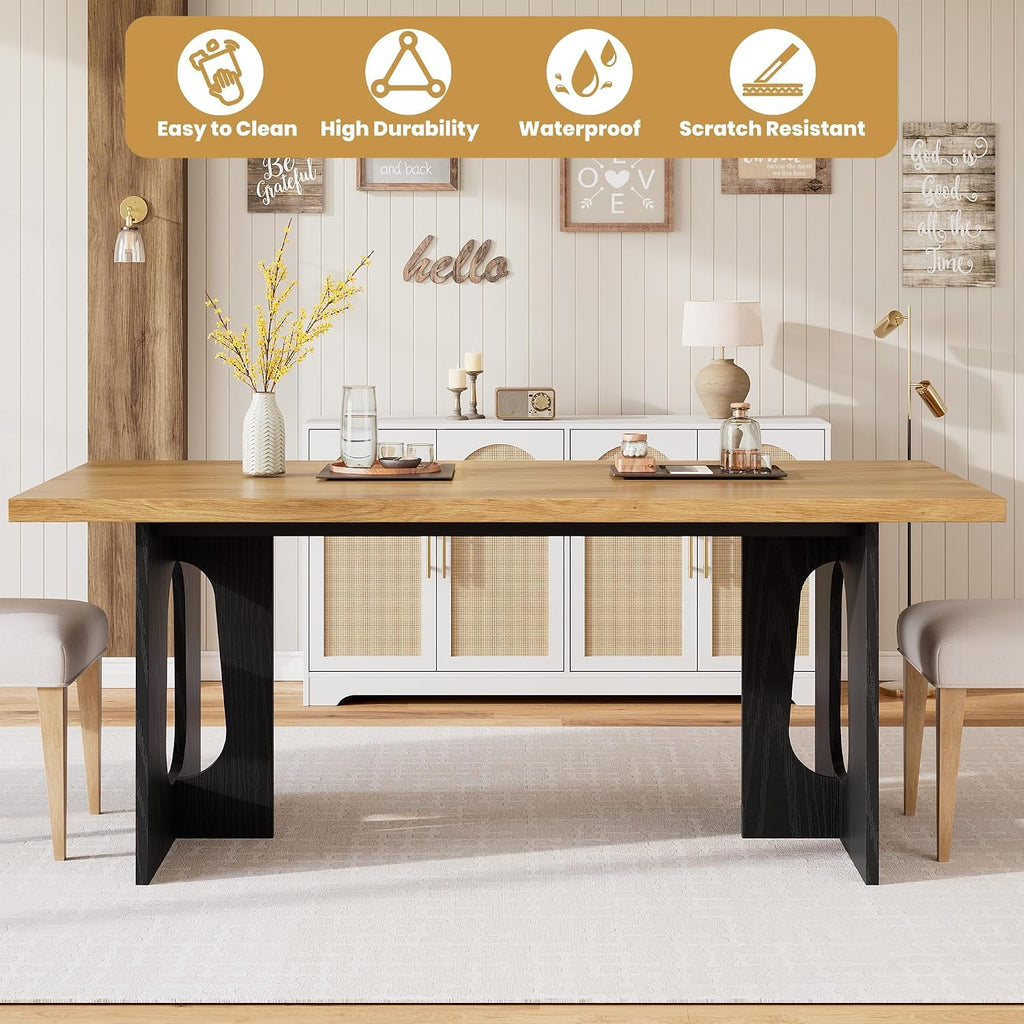71' Long Dining Table for 6-10 People - Farmhouse Kitchen Table with Extra Thick Tabletop & Heavy-Duty Metal Legs, Sturdy Rectangular Table for Dining Room, Conference Room, Office, Natural + Black