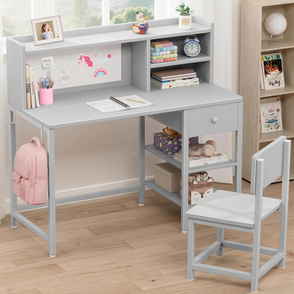 BOLUO Grey Kids Desk and Chair Set with Hutch and Storage Shelf for 6-12 Year Old, Children Study Desk, Student Writing Table with Fabric Drawer for Girls Boys
