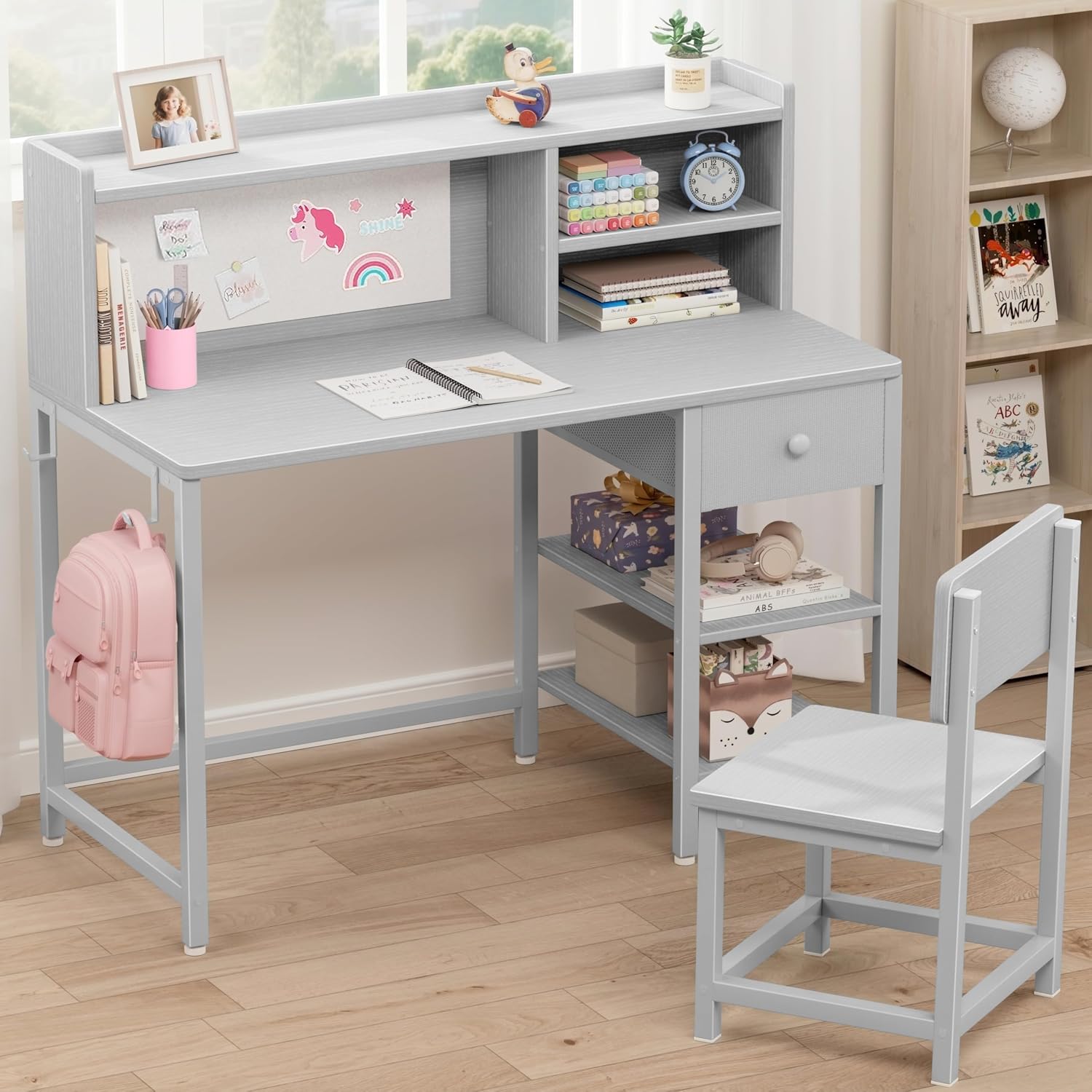 BOLUO Grey Kids Desk and Chair Set with Hutch and Storage Shelf for 6-12 Year Old, Children Study Desk, Student Writing Table with Fabric Drawer for Girls Boys
