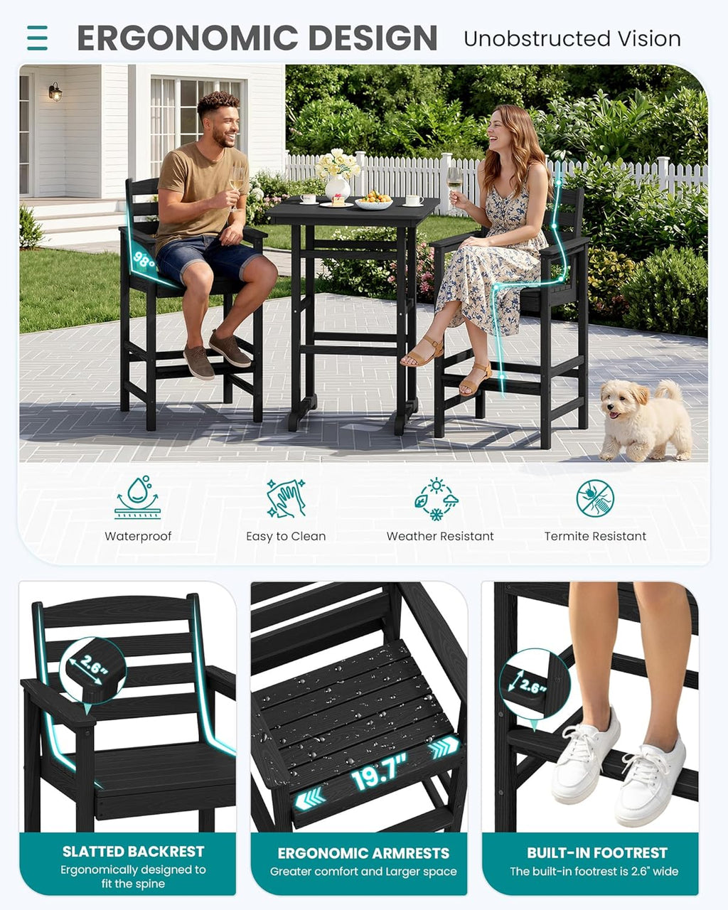 SERWALL 4 Pieces Outdoor Patio Bar Set with 9ft Umbrella, Outdoor HDPE Barstool and Table Furniture Set with Patio Umbrella, Black