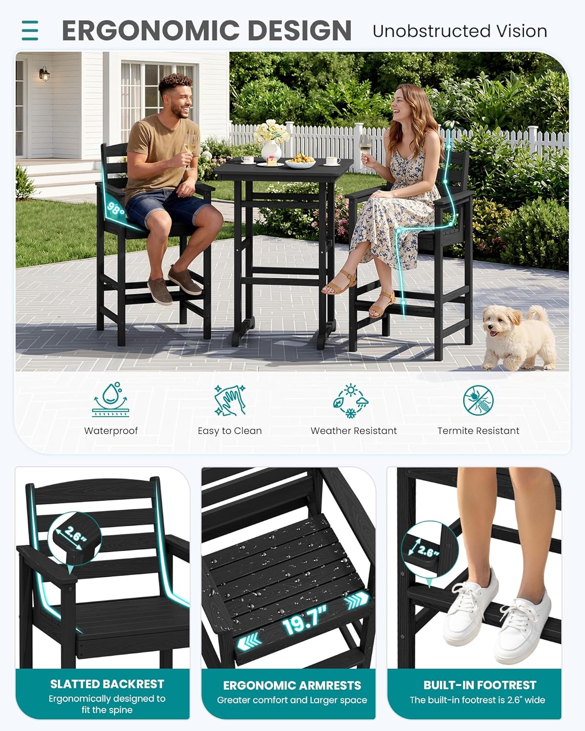 SERWALL 4 Pieces Outdoor Patio Bar Set with 9ft Umbrella, Outdoor HDPE Barstool and Table Furniture Set with Patio Umbrella, Black