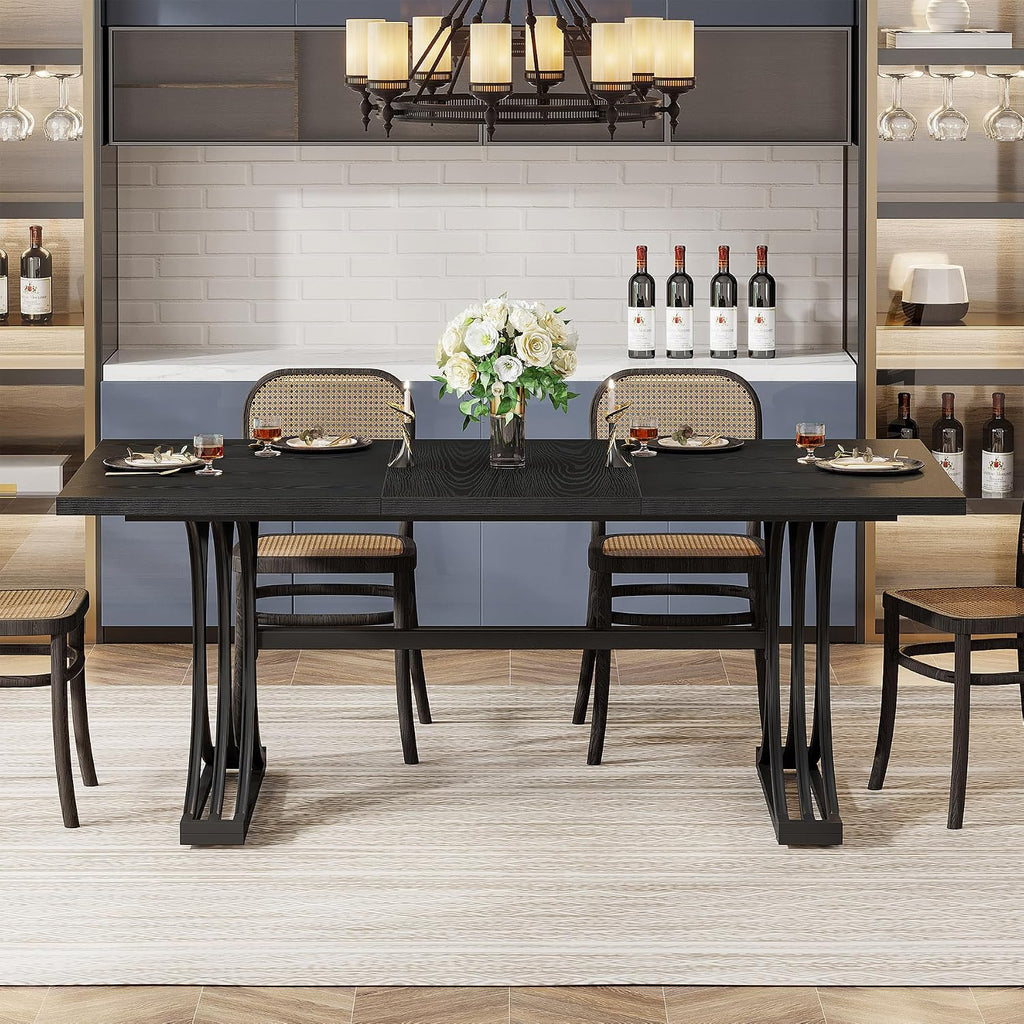 Tribesigns 63-Inch Rectangular Dining Table for 4 to 6, Modern Kitchen Tables with Stylish Metal Trestle Legs, Large Dinner Table for Dining Room, Only Table (Black)