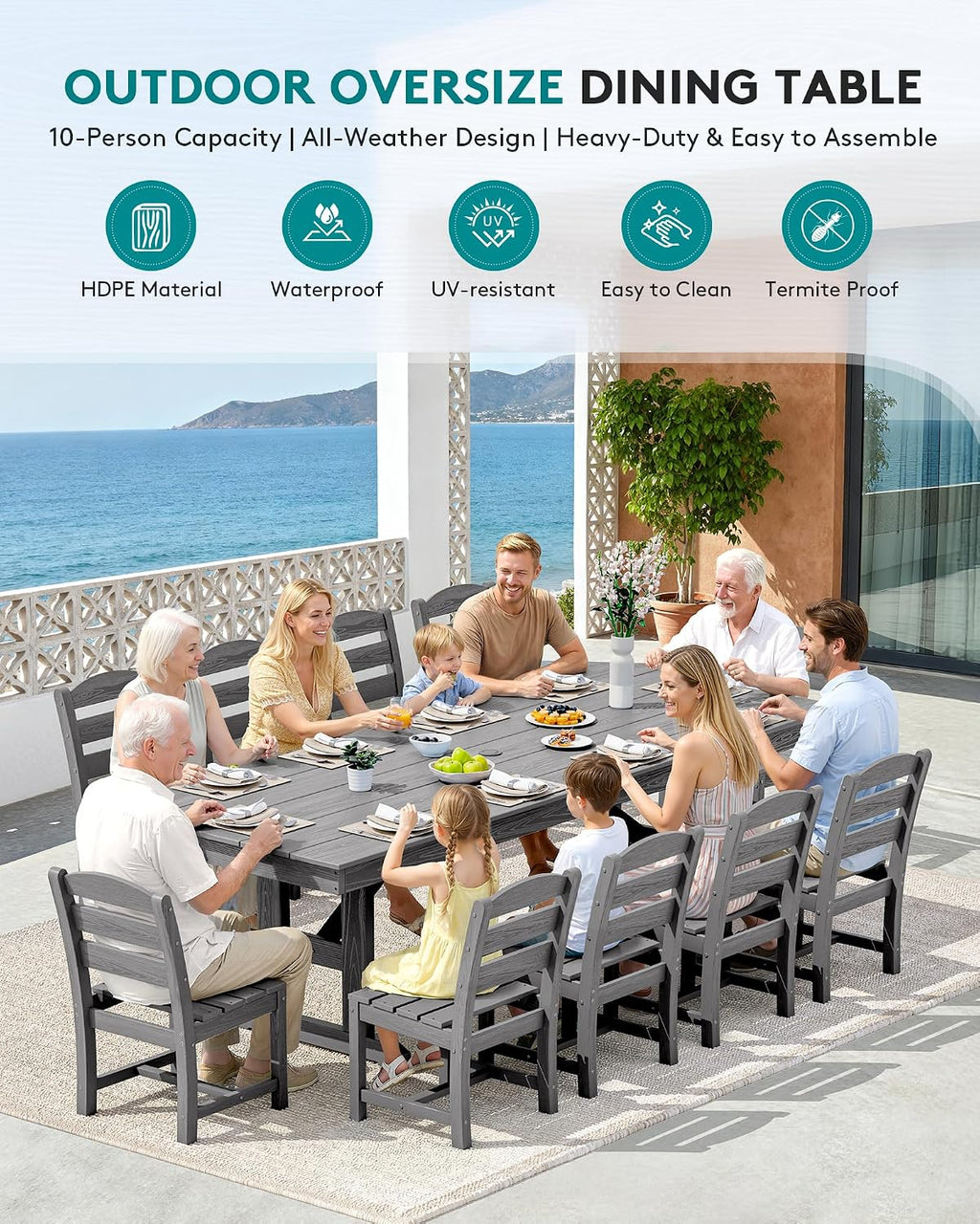 SERWALL Outdoor Dining Table, 84' Rectangular Dining Table for 6-10 Person, All Weather HDPE Outdoor Furniture for Backyard, Garden, Gray