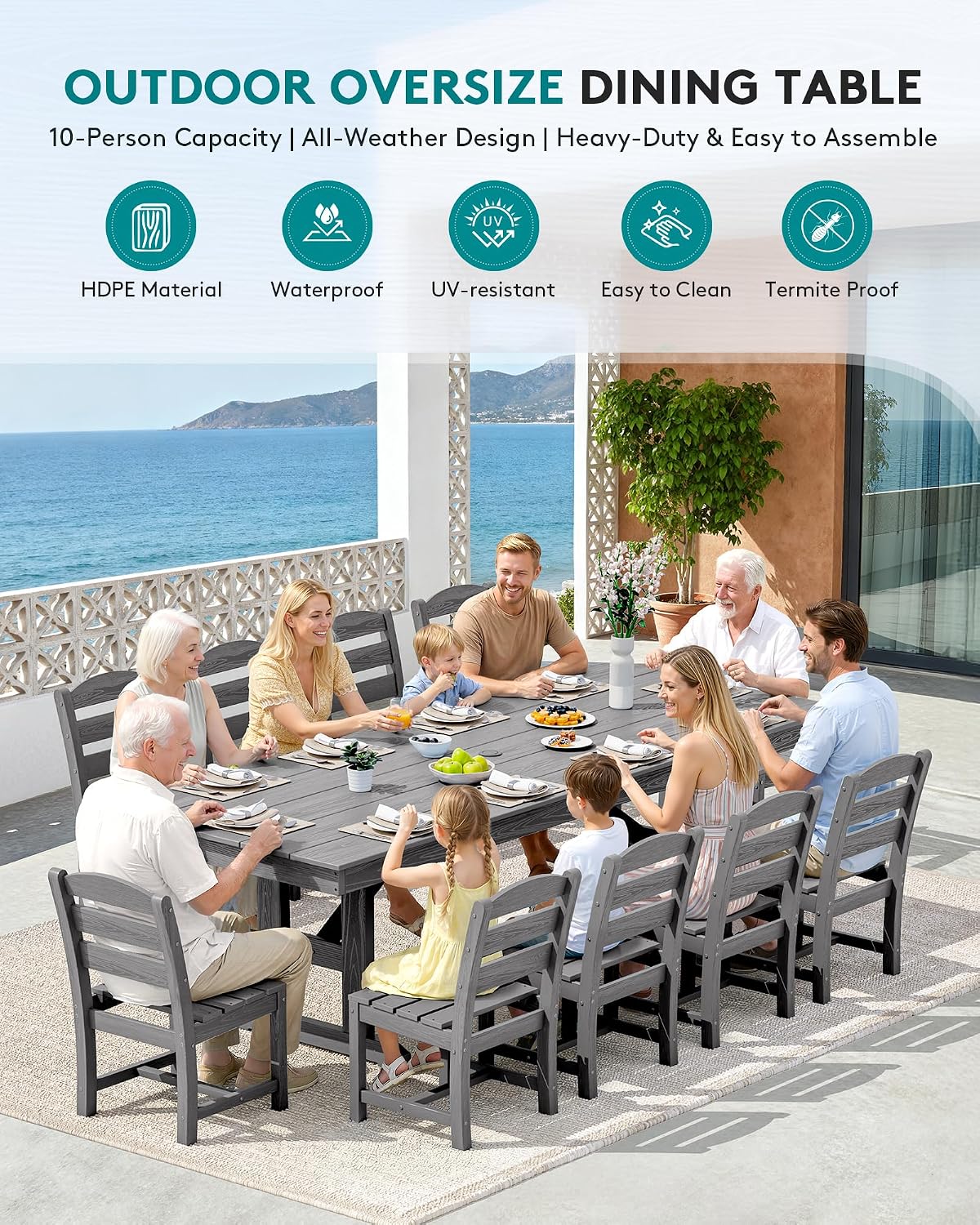 SERWALL Outdoor Dining Table, 84' Rectangular Dining Table for 6-10 Person, All Weather HDPE Outdoor Furniture for Backyard, Garden, Gray