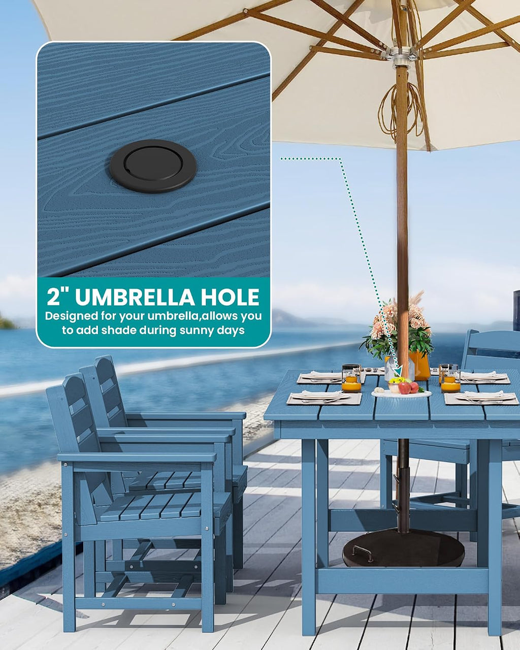 SERWALL 8-Piece Patio Dining Sets with 15FT Double Side Patio Umbrella, Outdoor HDPE Dining Furniture Set with Umbrella Hole Cut-Out Table and 6 Chairs, Blue（Umbreall Base not Included）