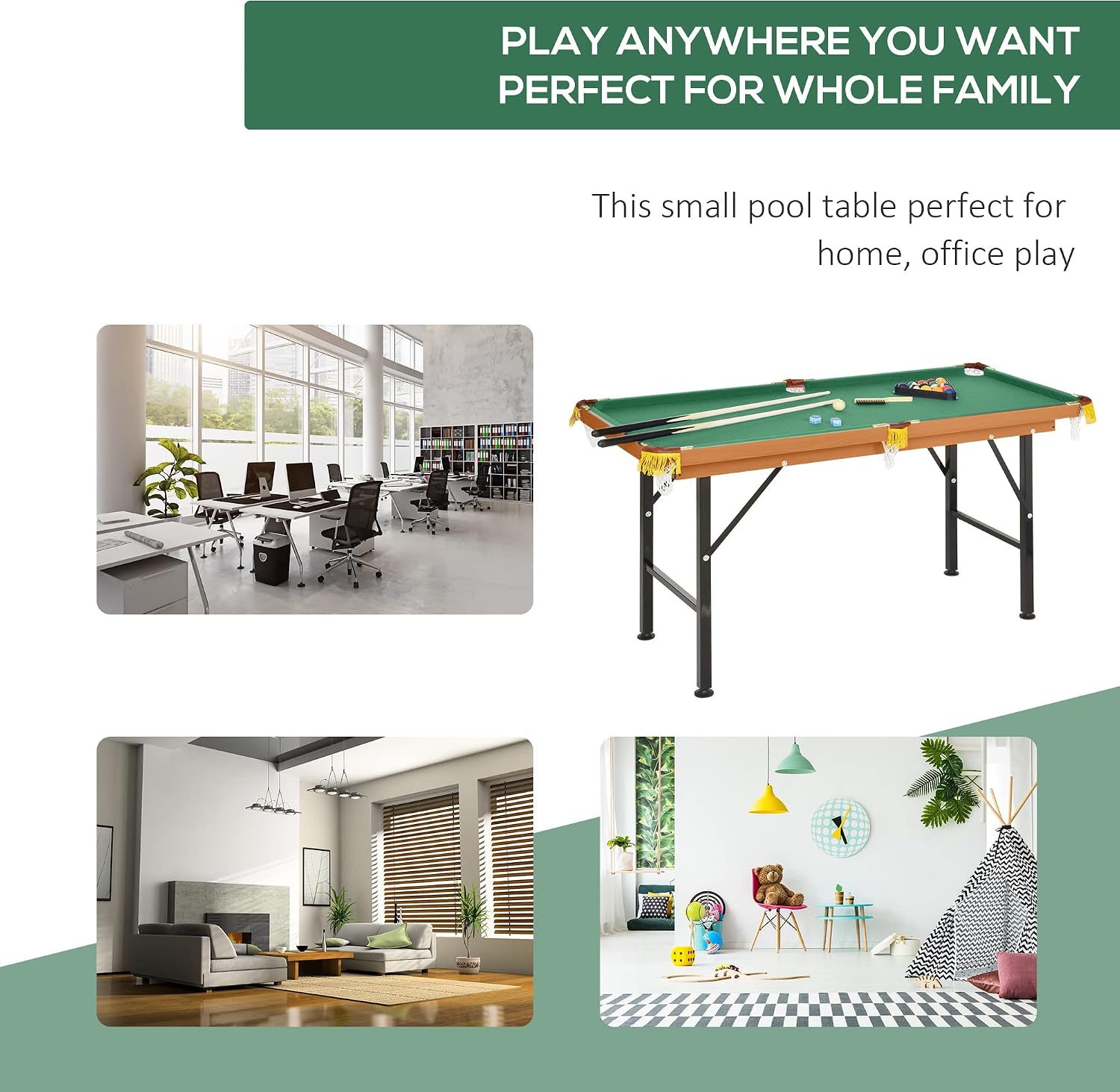 55' Portable Billiards Table with All Accessories, Foldable Pool Game Table for Whole Family Number Use with Cues, Ball, Rack, Chalk - Green
