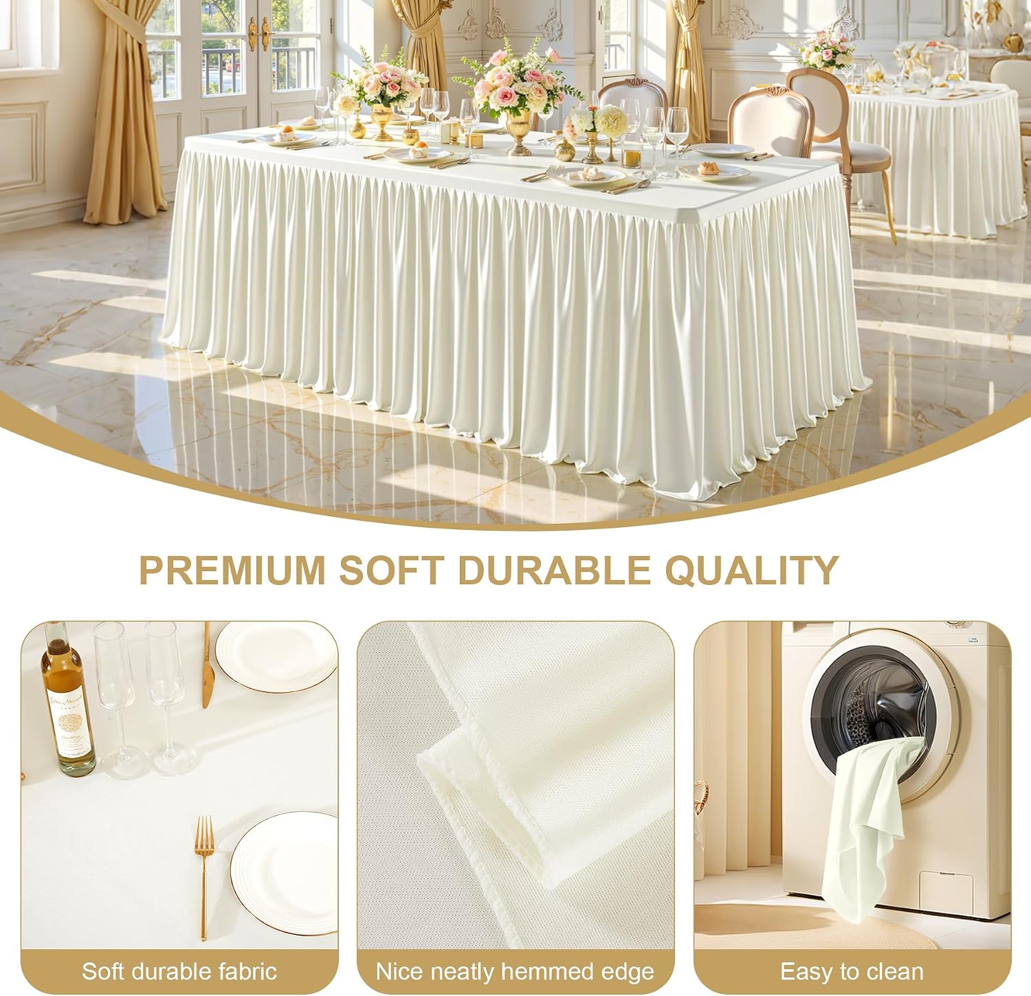 6 Packs Ivory Tablecloths Rectangle Tables 6ft, Stretch Fitted Table Covers for 6 Foot Tables Wrinkle Free Rectangle Table Cloth with Skirt for Birthday Party Events Banquet Baby Shower