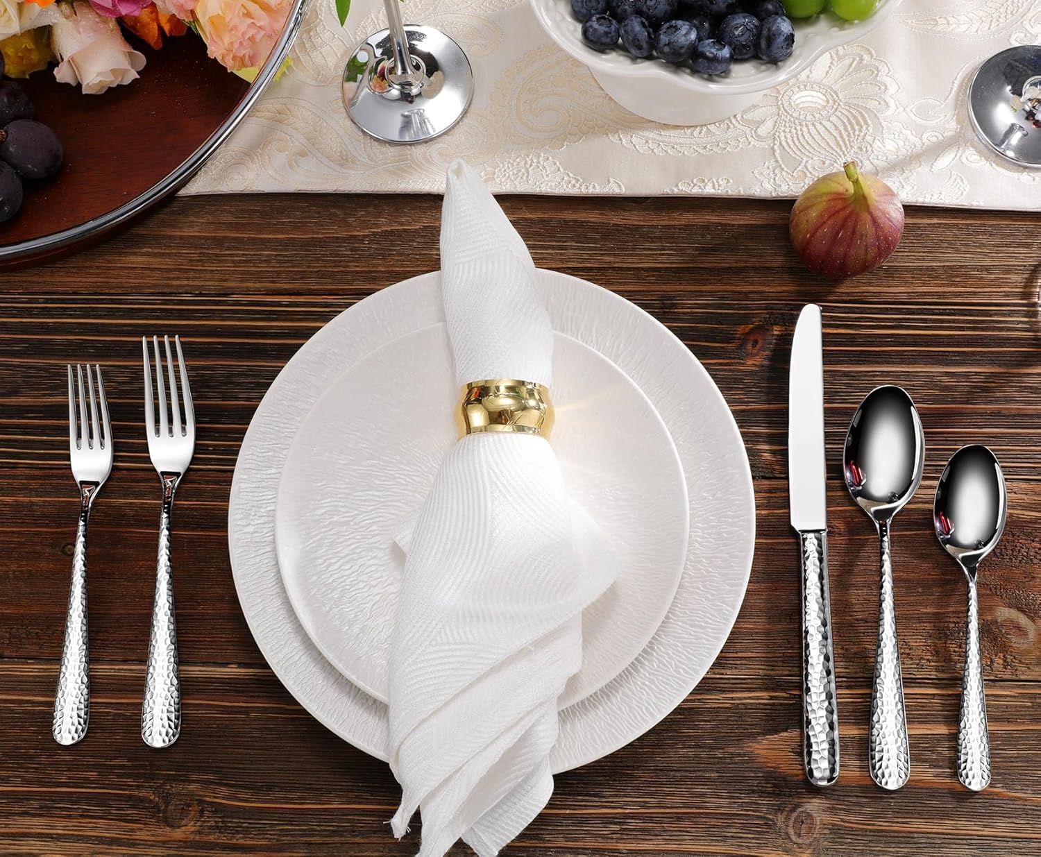 KEAWELL Premium 20/45/65 Piece Louise Hammered Silverware Set with Round Edge, 18/10 Stainless Steel, Service for 4/8/12, Fine Flatware Set, Dishwasher Safe (65)