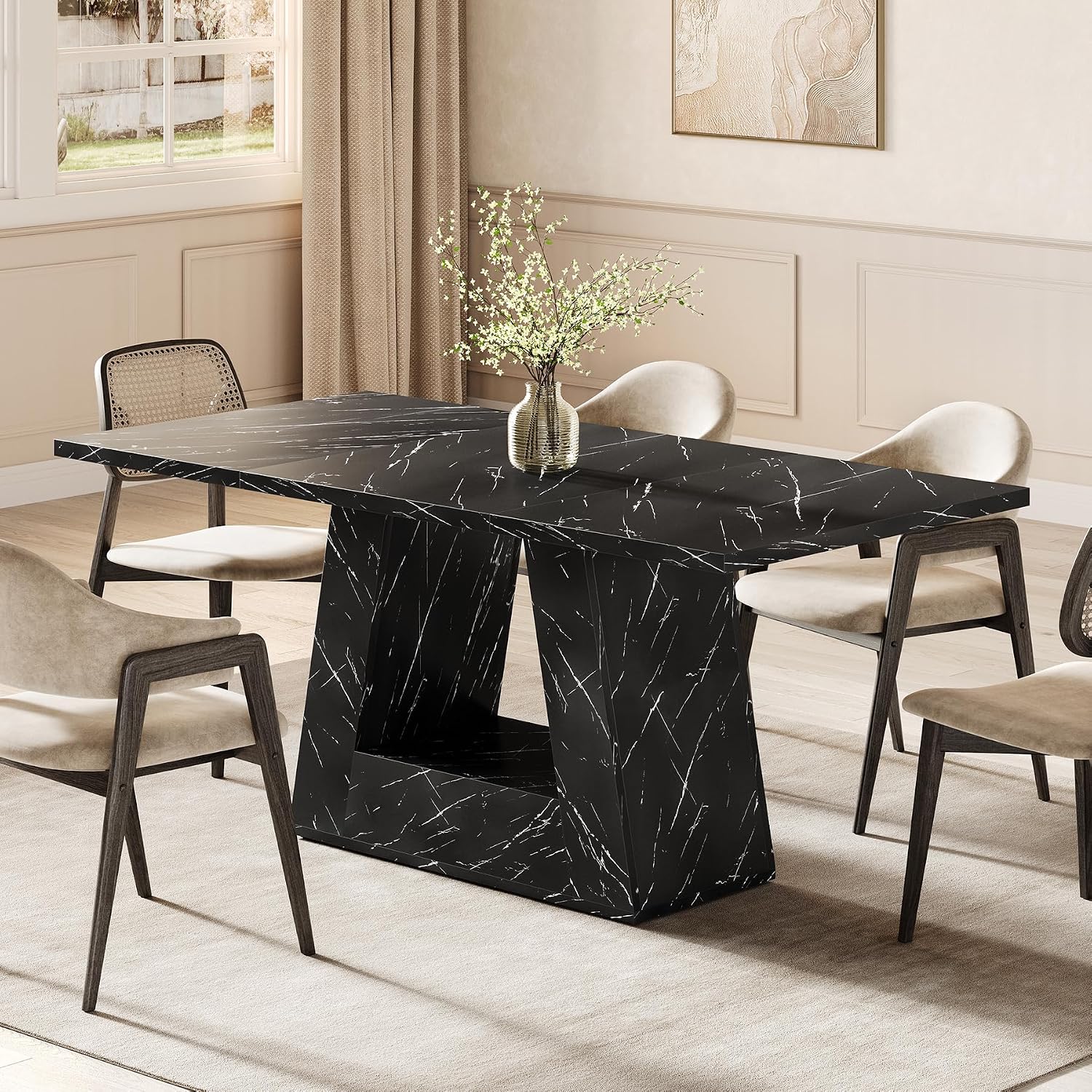 LITTLE TREE Dining Table for 4-6 People, 63 Inches Dining Room Table with Wooden Triangle Pedestal Base, Black Faux Marble Rectangle Dinner Kitchen Table for Dining Room, Kitchen, Living Room