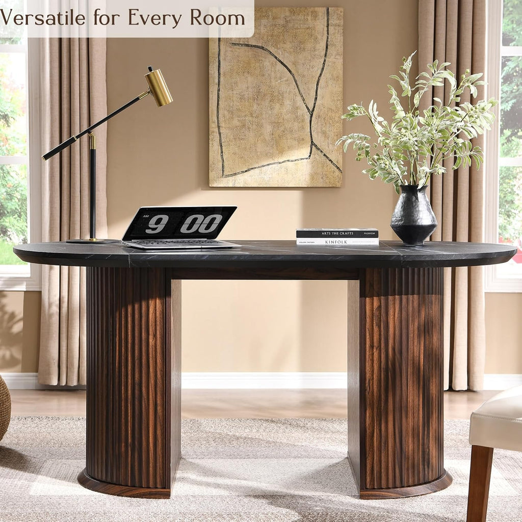 T4TREAM 63' Fluted Oval Dining Table for 4-6, Mid-Century Modern Kitchen Table with Thickened Edge & Semi-Cylindrical Base, Wood Table for Dining Room/Kitchen/Home Office, Black & Walnut(Table Only)