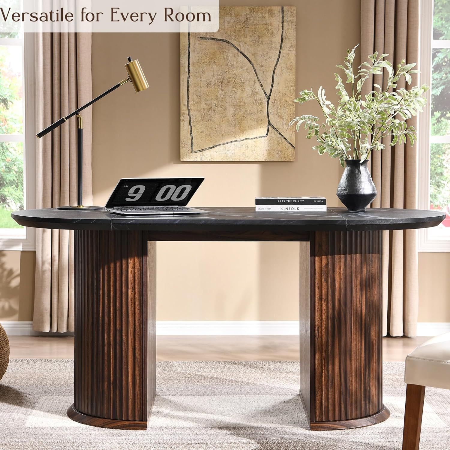 T4TREAM 63' Fluted Oval Dining Table for 4-6, Mid-Century Modern Kitchen Table with Thickened Edge & Semi-Cylindrical Base, Wood Table for Dining Room/Kitchen/Home Office, Black & Walnut(Table Only)