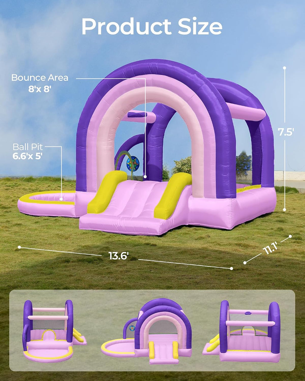 Outfunny Bounce House with Slide, Inflatable Bouncy House for Kids 3-12 w/Ball Pit, Outdoor & Indoor, Bounce Area 8'x8', Capacity 400 lb - Purple