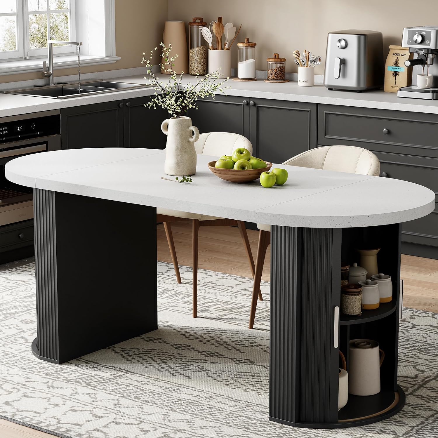 IRONCK 71' Oval Dining Table for 4-8, Modern Farmhouse Dining Table with Hidden Storage & Fluted Base, 1.6' Thick Faux Quartz Top, Dinner Table for Dining Room Kitchen Home Office, Black