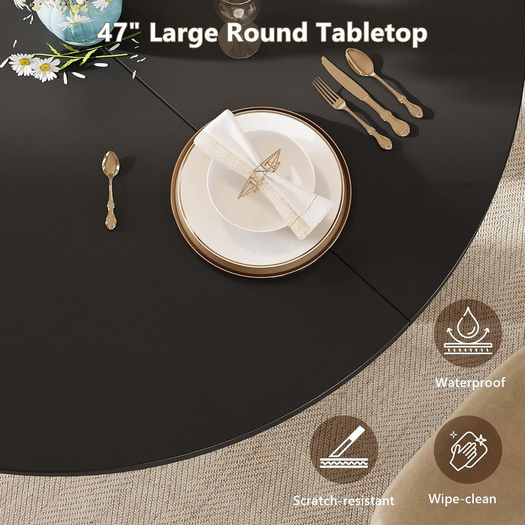 Einhomn Round Dining Table for 4-6, Kitchen Table with Sturdy Double Arc & Rounded Base & Backboard Clasp Desktop, Mid-Century Modern Circle Dinner Table for Dining Living Room, Space Saving, Black
