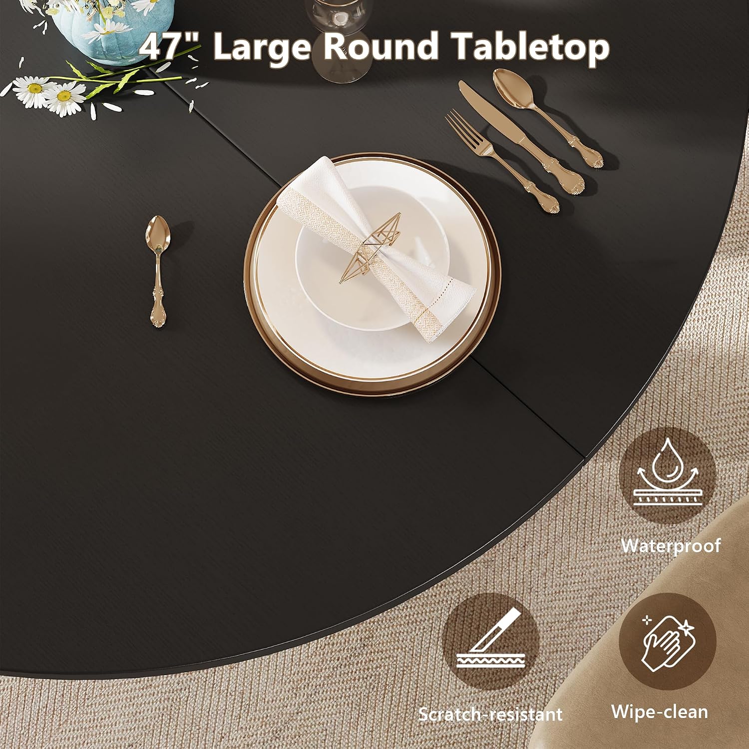 Einhomn Round Dining Table for 4-6, Kitchen Table with Sturdy Double Arc & Rounded Base & Backboard Clasp Desktop, Mid-Century Modern Circle Dinner Table for Dining Living Room, Space Saving, Black