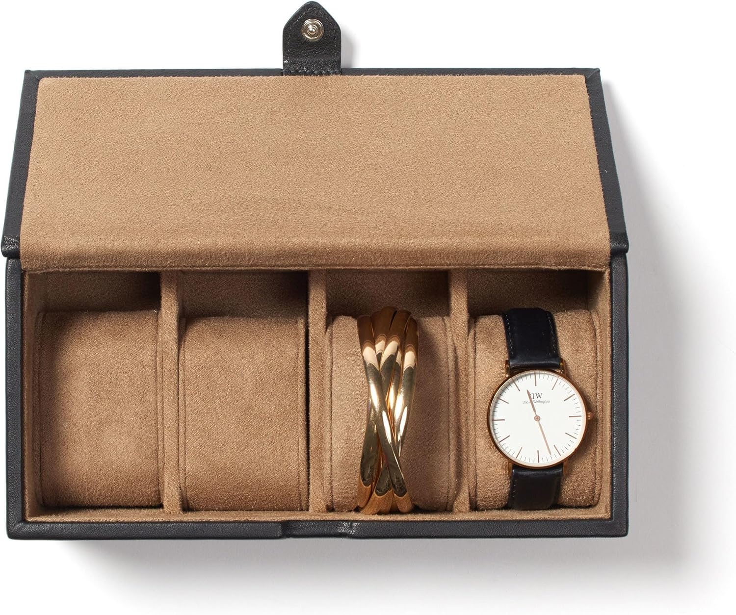 Leatherology Black Onyx Watch & Bracelet Box – Full Grain Leather Jewelry Organizer with 4 Microsuede-Lined Compartments, Removable Cushions & Snap Closure – Storage for Watches and Accessories