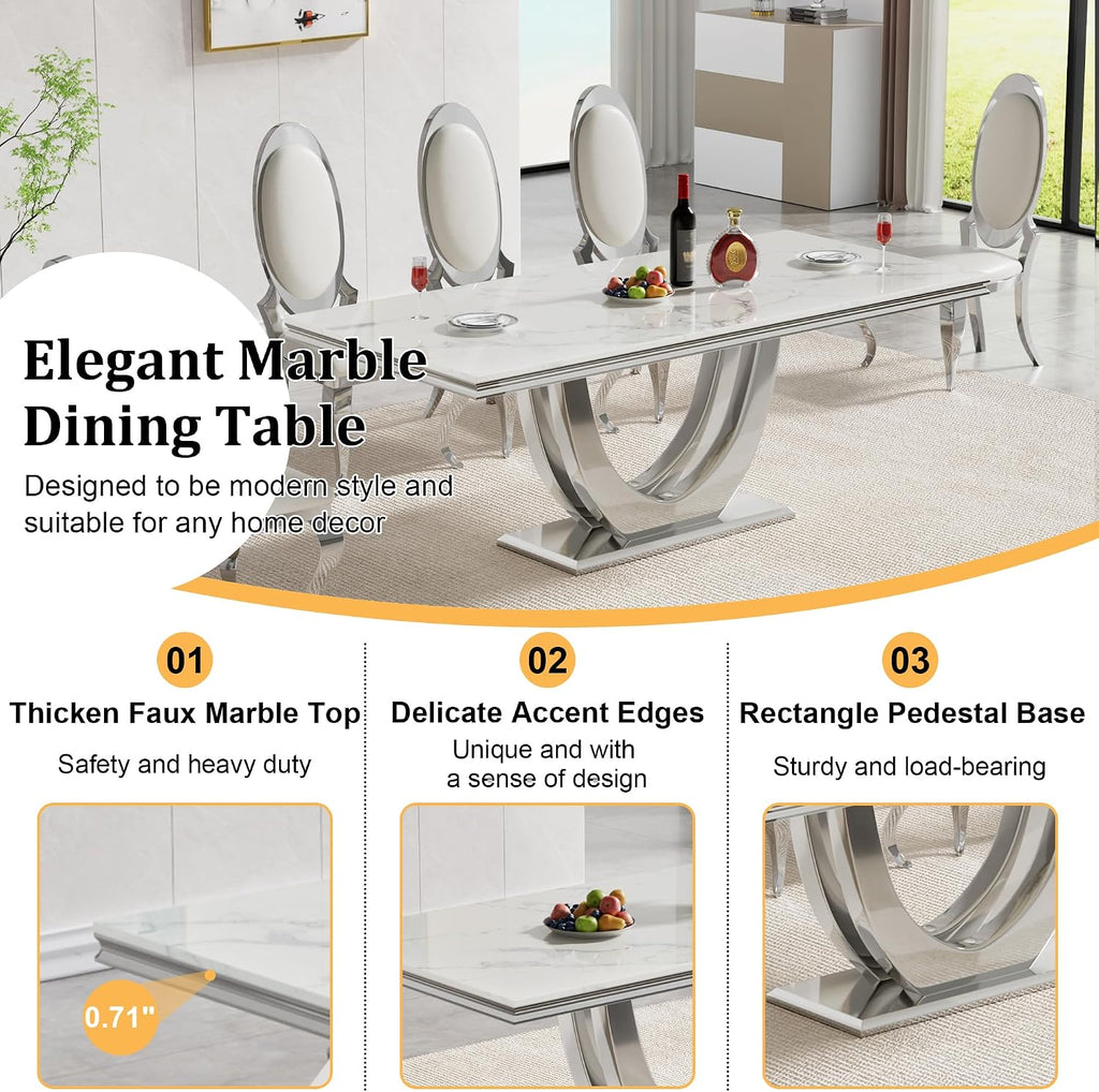 70' White Faux Marble Rectangular Dining Table, Luxury Kitchen Dinner Table for 6-8, Mid Century Modern Design with Silver Stainless Steel U Pedestal