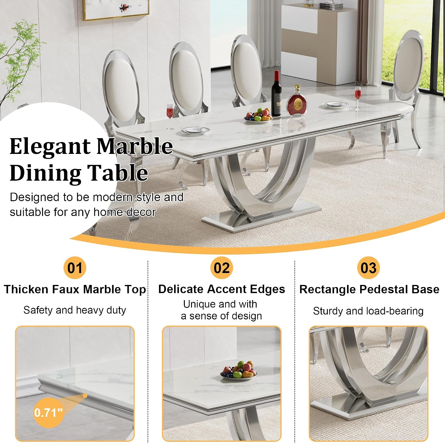 70' White Faux Marble Rectangular Dining Table, Luxury Kitchen Dinner Table for 6-8, Mid Century Modern Design with Silver Stainless Steel U Pedestal