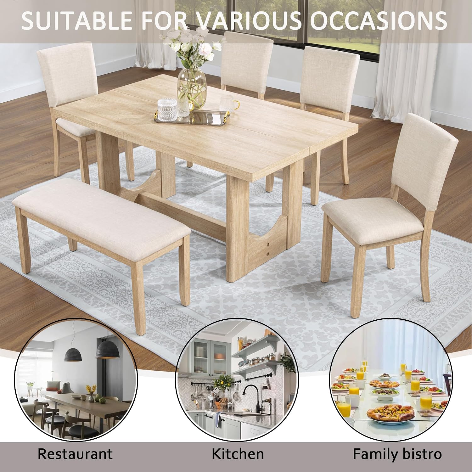 KEIKI 6-Piece Standard Height Dining Table Set with Rectangular Table, 4 Upholstered Curved Backrset Chair, Bench, for 6 Person, Modern Table Set, Easy Assembly, for Kitchen, Dining Room, Beige