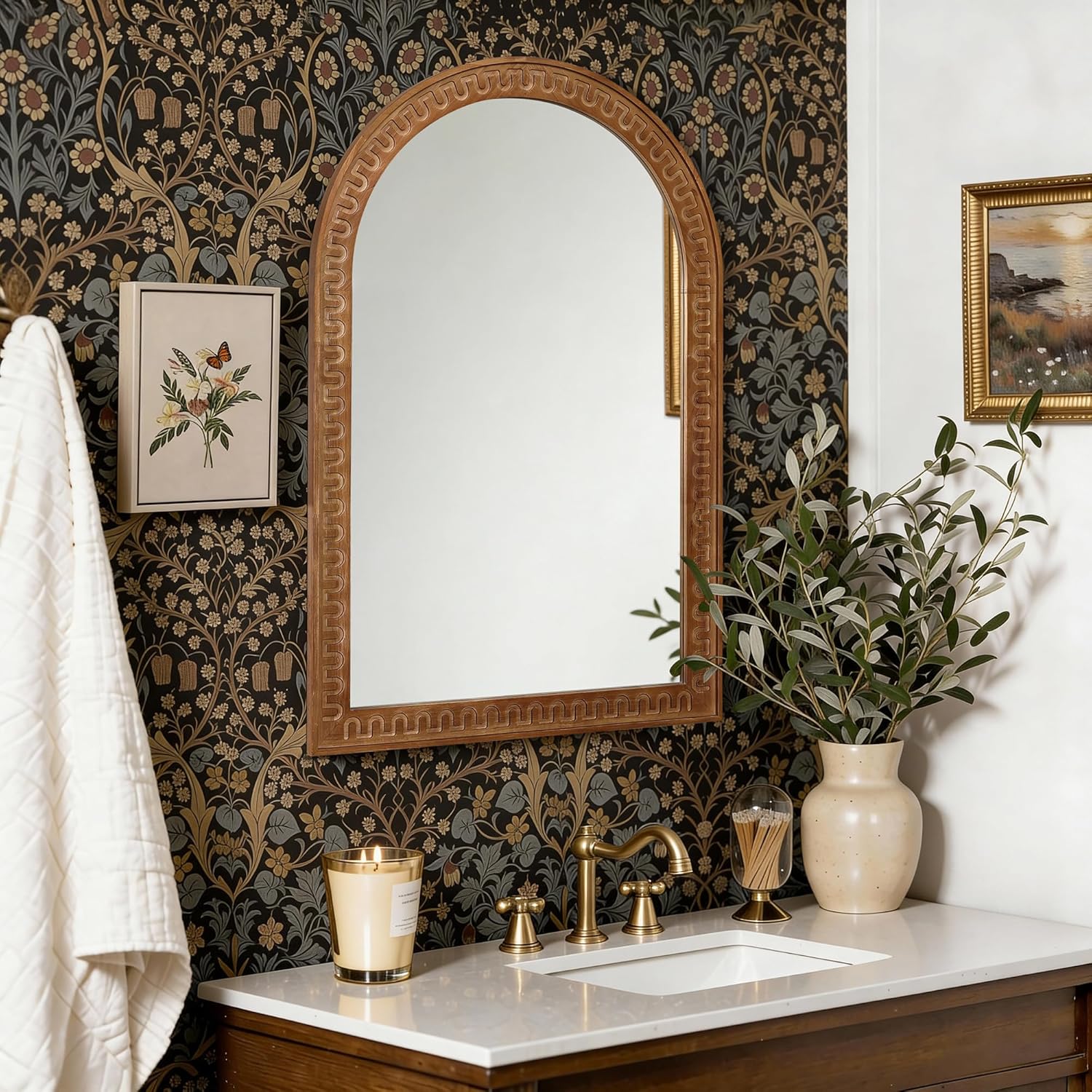 LuxenHome Arched Wall Mirror, 40'x29' Farmhouse Wooden Decorative Mirrors for Wall, Accent Entryway Mirror, Wall Mounted Mirror for Living Room