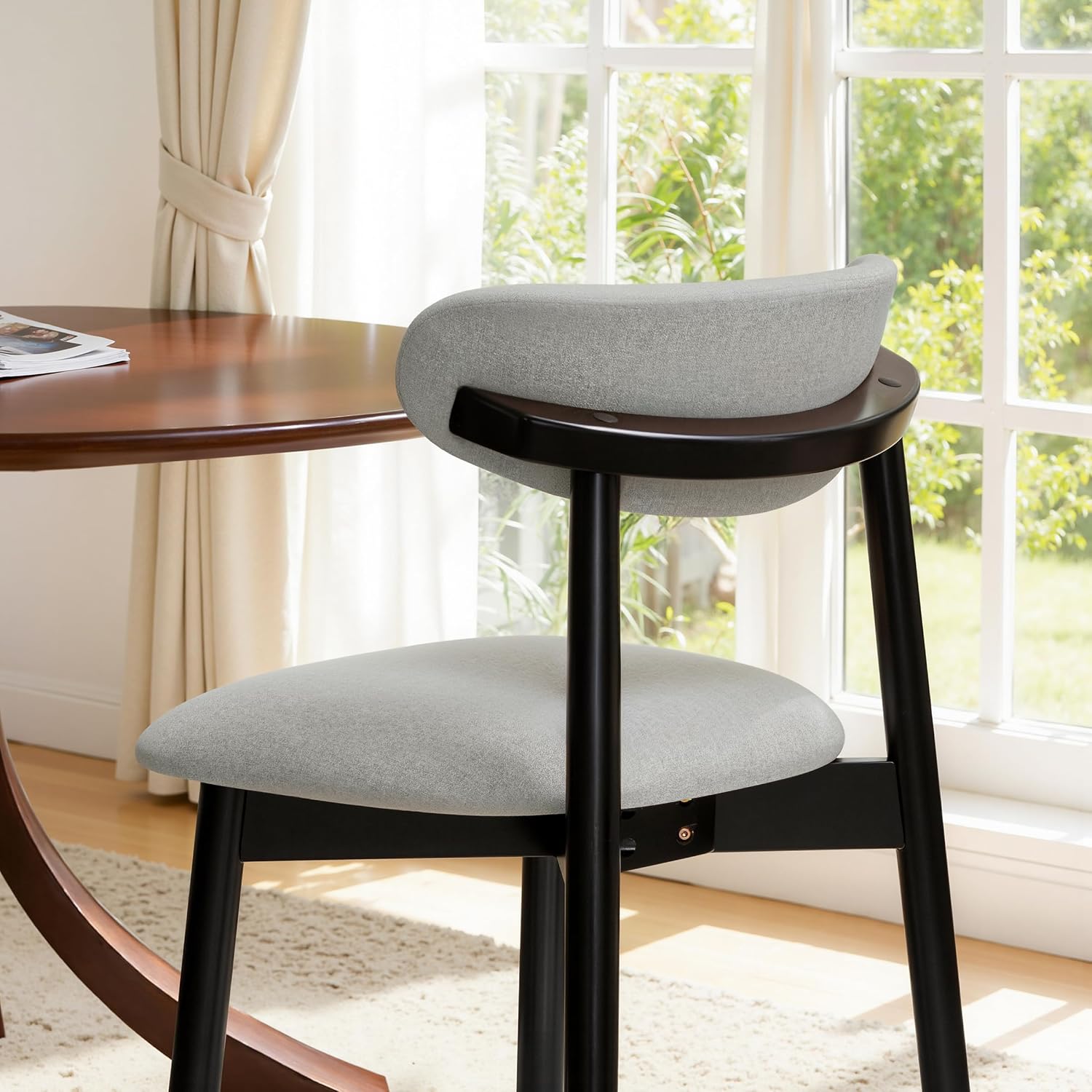 CHUN YI Dining Chairs Set of 4, Upholstered Solid Wood Dining Room Chairs, Mid Century Modern Fabric Kitchen Chairs with Ergonomic Curved Back, Gray (Only Chairs)