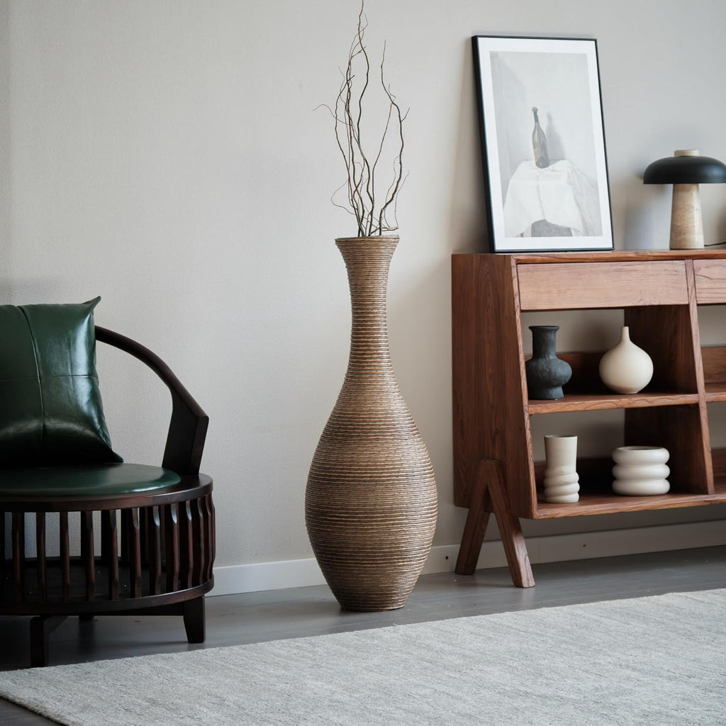 40' Tall Large Rattan Standing Floor Vase Modern Decorative Accent Flower Holder Floor Vase for Living Room Entryway Dining Room Stylish Home Décor Statement Piece (Beige+Grey)