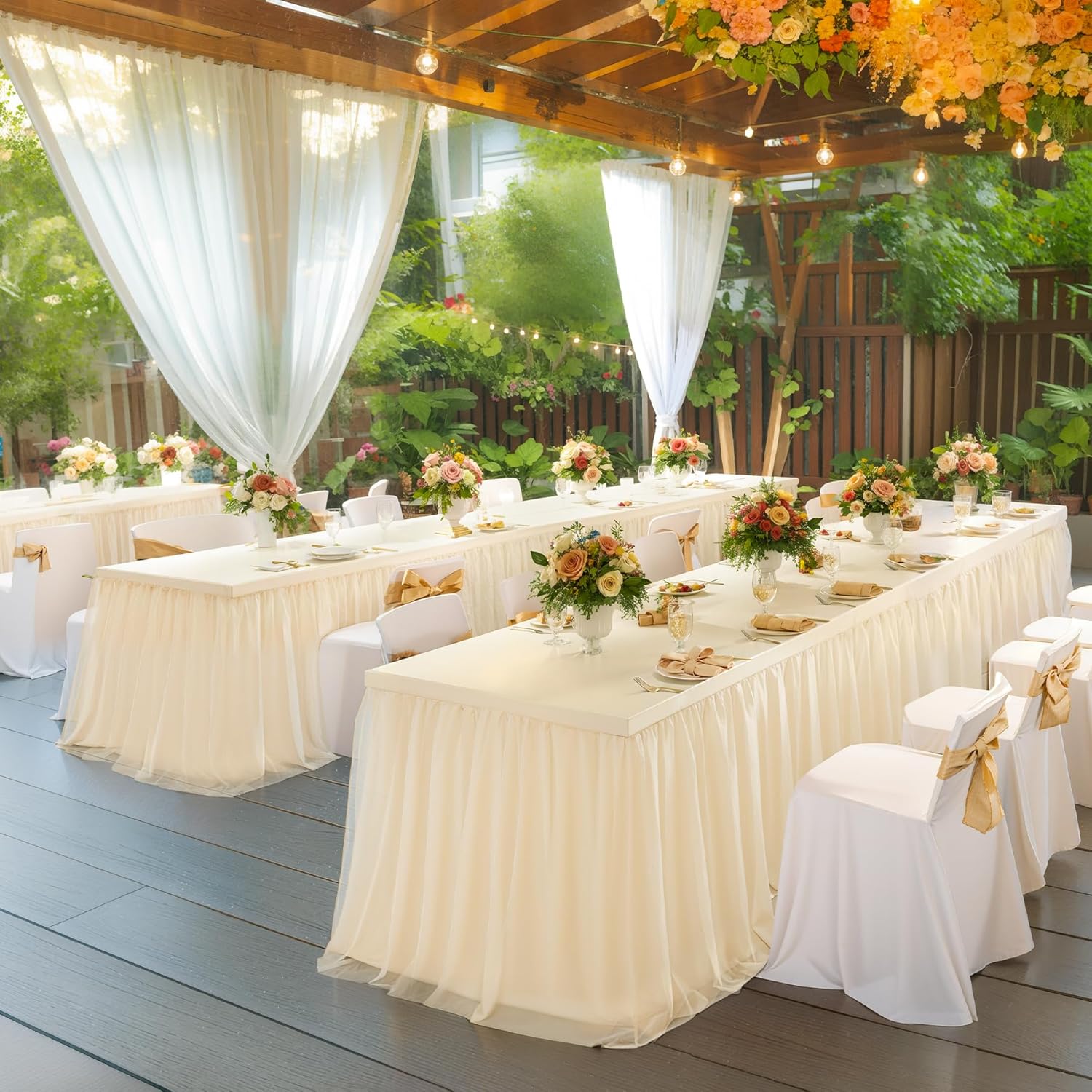 Champagne Table Cloths for 6 Foot Rectangle Tables, Tulle Table Skirt for Rectangle Table 6 ft Fitted Table Cover Desk Skirt Birthday Party Wedding Banquet Tablecloth Elastic Stretch Ruffle Tablecloth