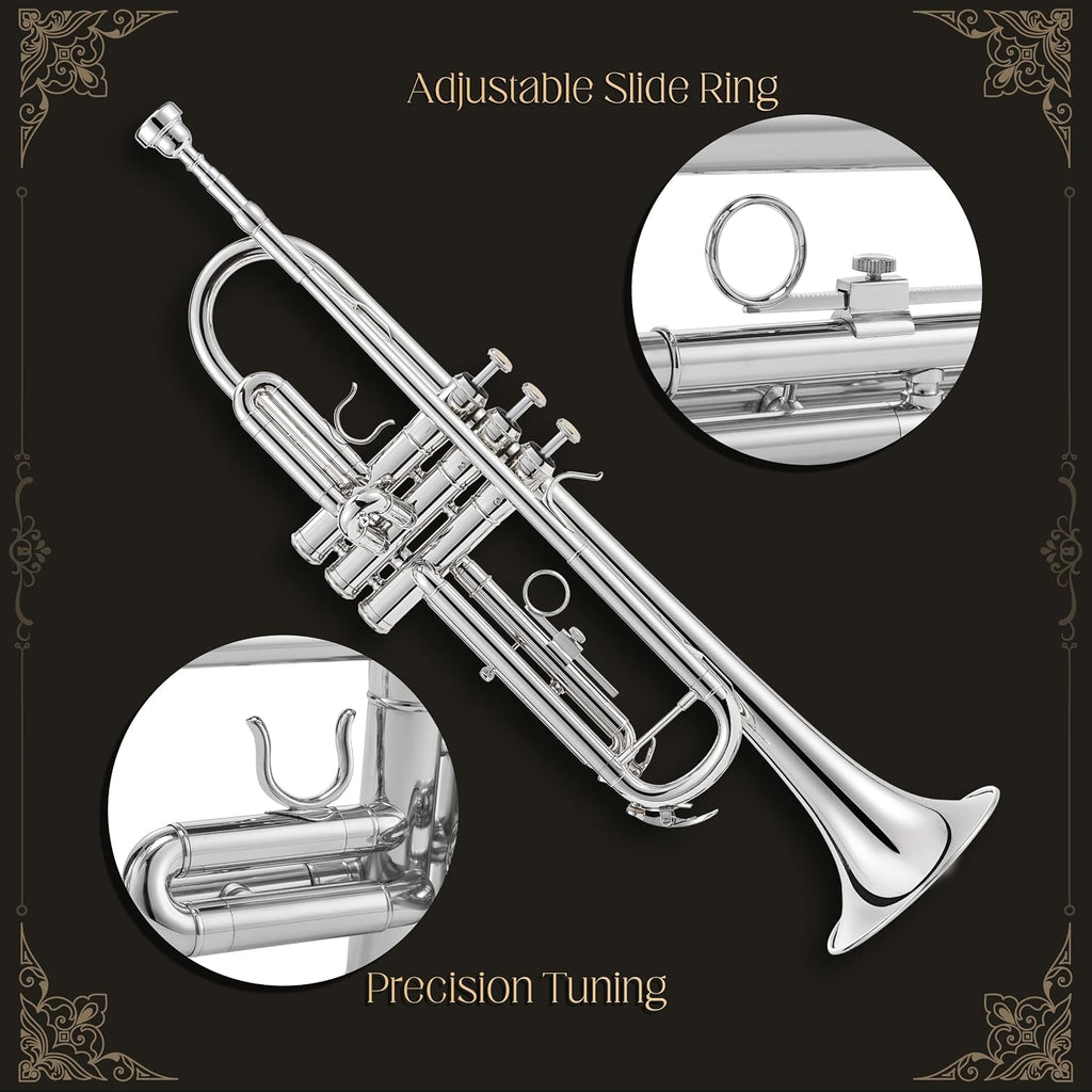 AKLOT Hand-Hammered Bell Bb Trumpet: Smooth Valve Action, Clear-Lacquered Brass Body, Standard Trumpet Beginner Set with Leather Case, Lesson Book, Trumpet Mute, Mouthpiece, Cleaning Kit (SNR-BrzSS)