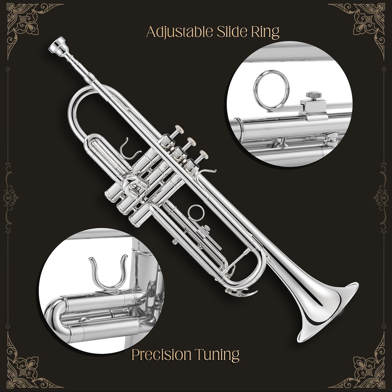 AKLOT Hand-Hammered Bell Bb Trumpet: Smooth Valve Action, Clear-Lacquered Brass Body, Standard Trumpet Beginner Set with Leather Case, Lesson Book, Trumpet Mute, Mouthpiece, Cleaning Kit (SNR-BrzSS)
