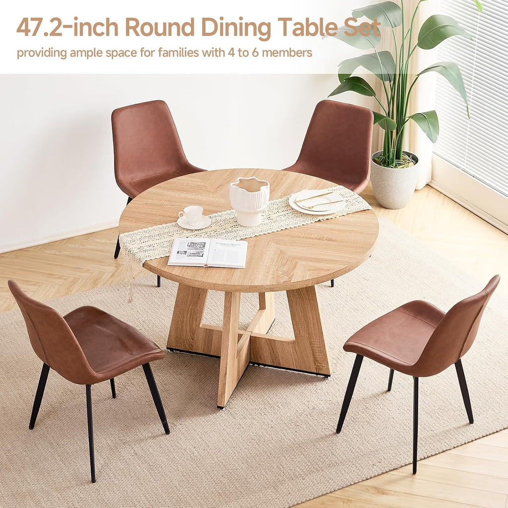 47 inch Round Dining Table Set for 4 with Chairs Kitchen Table and Chairs Set Mid-Century Modern Round Wood Kitchen Tables with Upholstered Synthetic Leather Chairs Set of 4