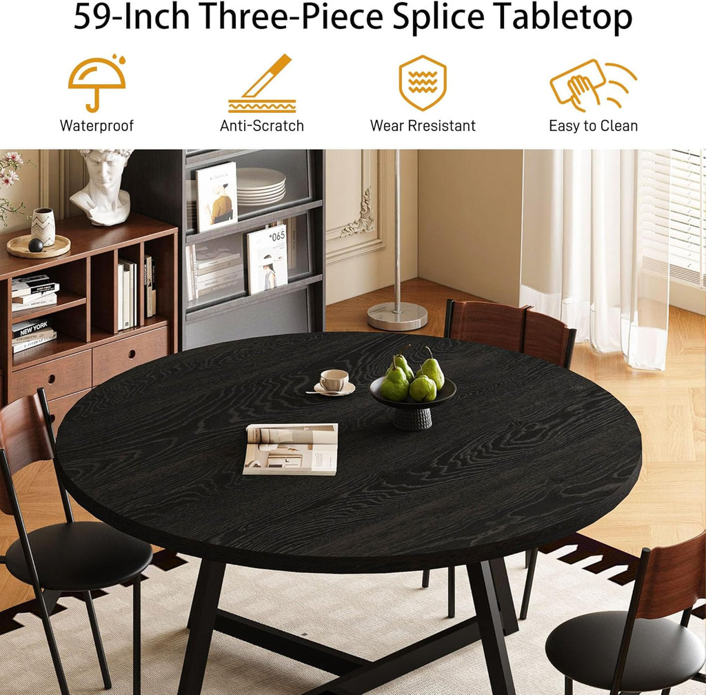 Large Round Dining Table for 6-8, Wooden Dinner Table with Heavy Duty Metal Pedestal Base, for Kitchen Living Room, Space Saving, 59 Inch, Black