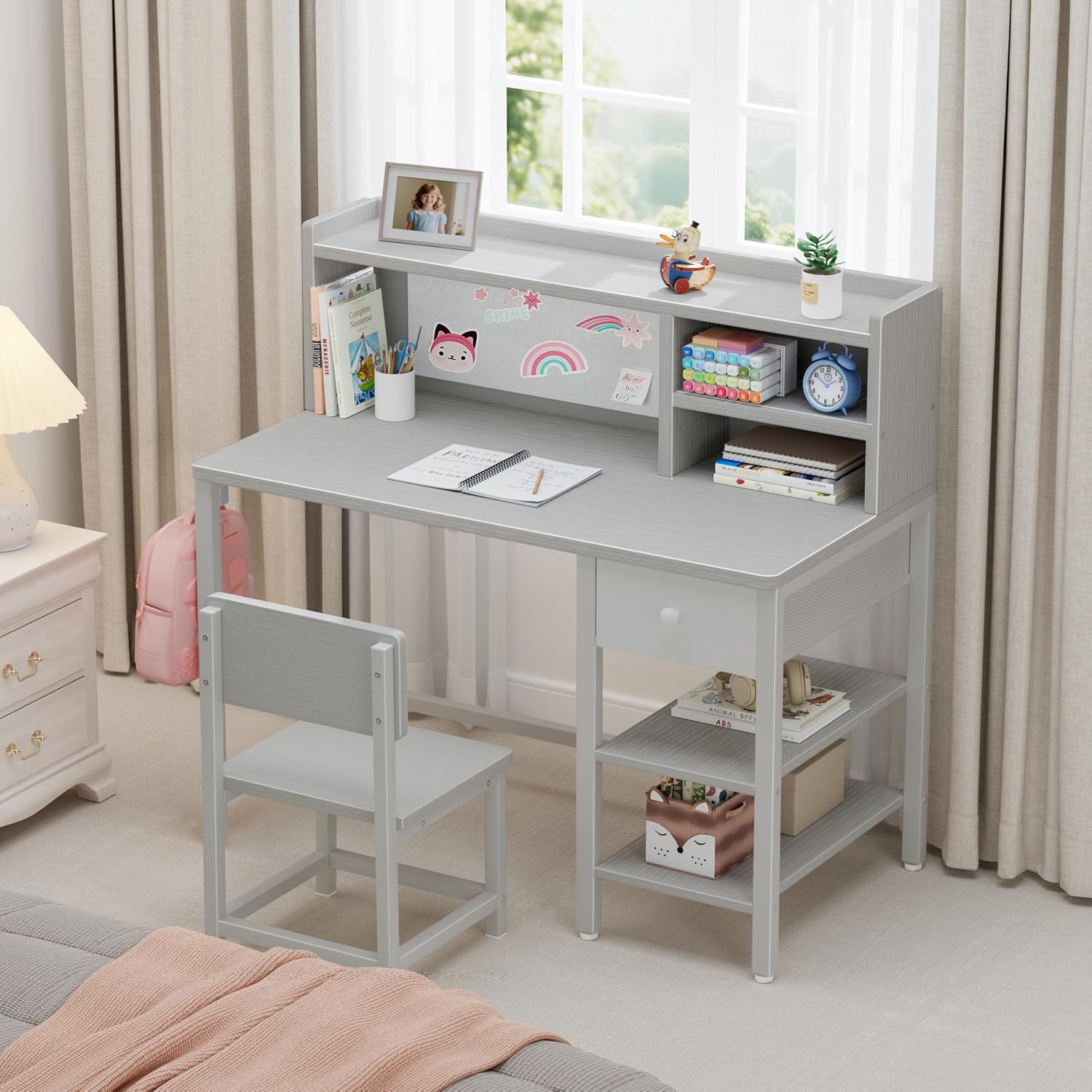 BOLUO Grey Kids Desk and Chair Set with Hutch and Storage Shelf for 6-12 Year Old, Children Study Desk, Student Writing Table with Fabric Drawer for Girls Boys