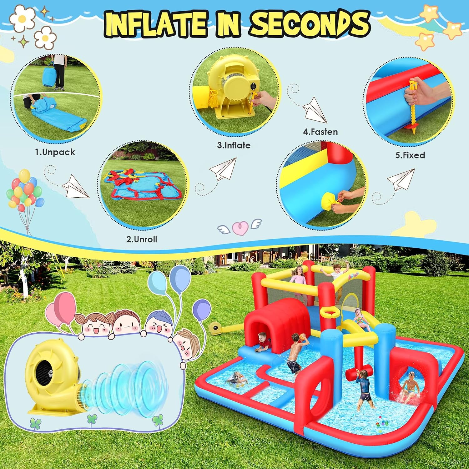 Whubefy Inflatable Water Slide Bounce House Obstacle Course for Kids Backyard Blow Up Water Park w/ 14.3x14.3 ft Large Pool, Sprinkler Hammer, Play Tunnel, Double Ring & Multi-Shape Obstacle Challenge