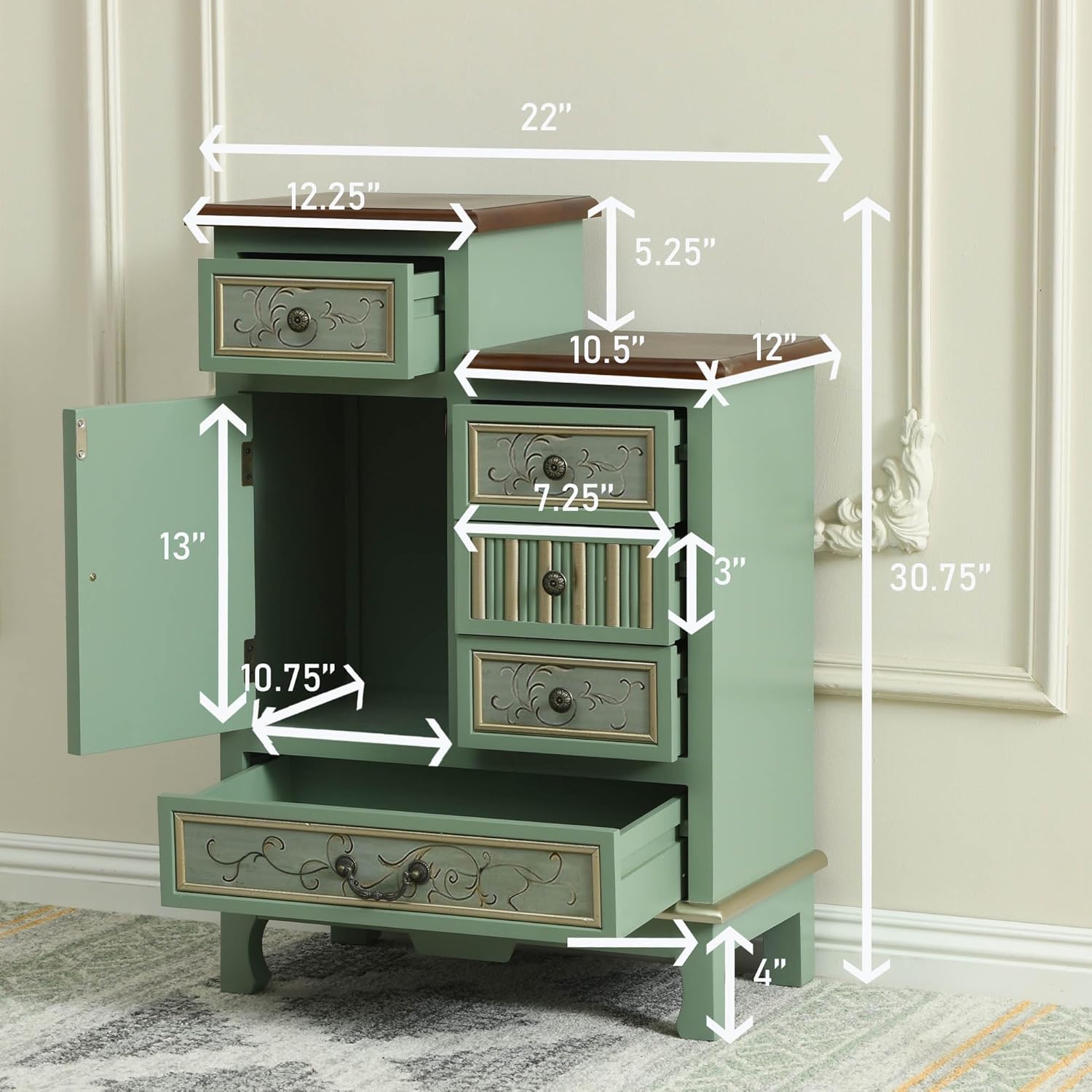 Ahokua Vintage Accent Chest with 5-Drawers and Door Carved Wood Storage Cabinet Modern Dresser for Living Room, Entryway, Hallway, Sage Green