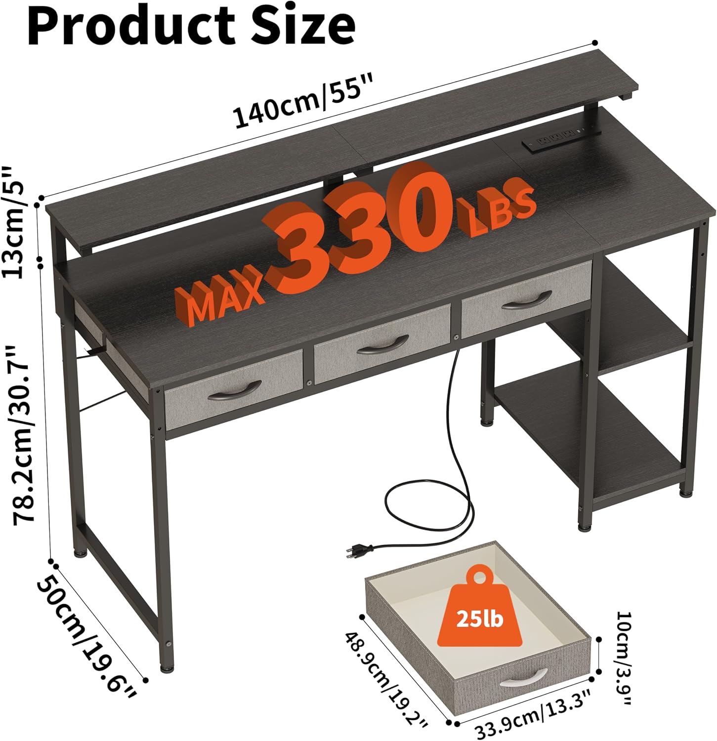 JOISCOPE Home Office Desk with Power Outlets (3AC, USB, Type-C), 55 × 20 Inch Computer Desk with 3 Drawers & Shelves, Laptop Table with Display Riser, Gaming Study Drafting Table for Bedroom, Black
