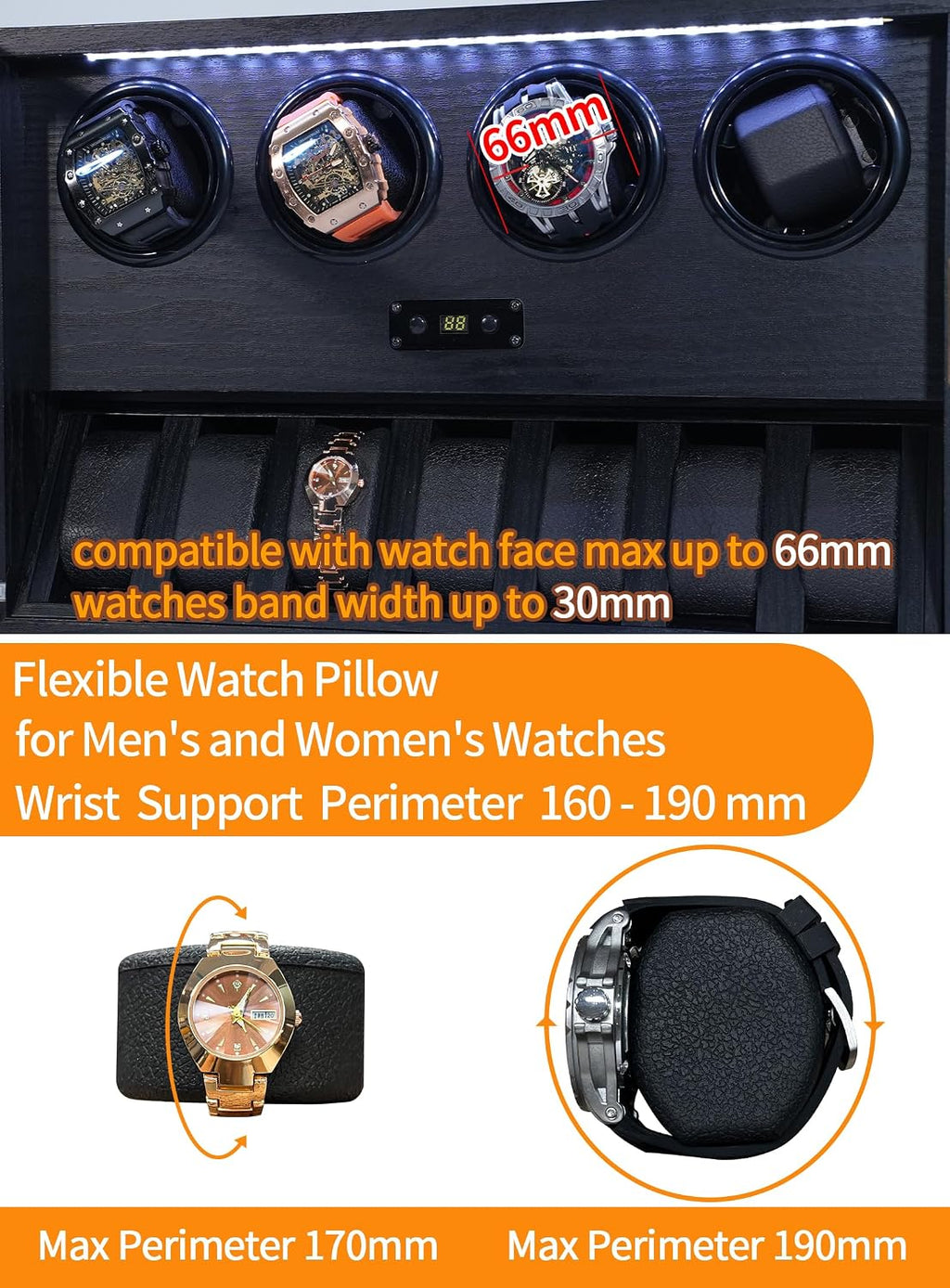 Watch Winder for 2/4/6/8 Automatic Watches, Watch Rotator for Rolex 15 Rotation Modes Display Box White Light, Watches Winder Case with USB-C Adapter, Present for Men Quiet Mabuchi Motor(≤5db)