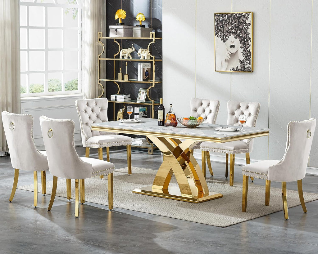 68' Luxury Rectangular Marble Dining Table for 4 to 6, White Faux Marble Kitchen Table with Gold X Shape Stainless Steel Pedestal, Modern Kitchen Dining Room Table for Breakfast Dinette Dinner Party