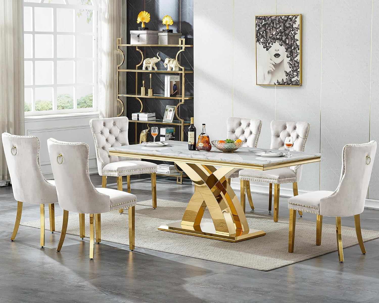 68' Luxury Rectangular Marble Dining Table for 4 to 6, White Faux Marble Kitchen Table with Gold X Shape Stainless Steel Pedestal, Modern Kitchen Dining Room Table for Breakfast Dinette Dinner Party