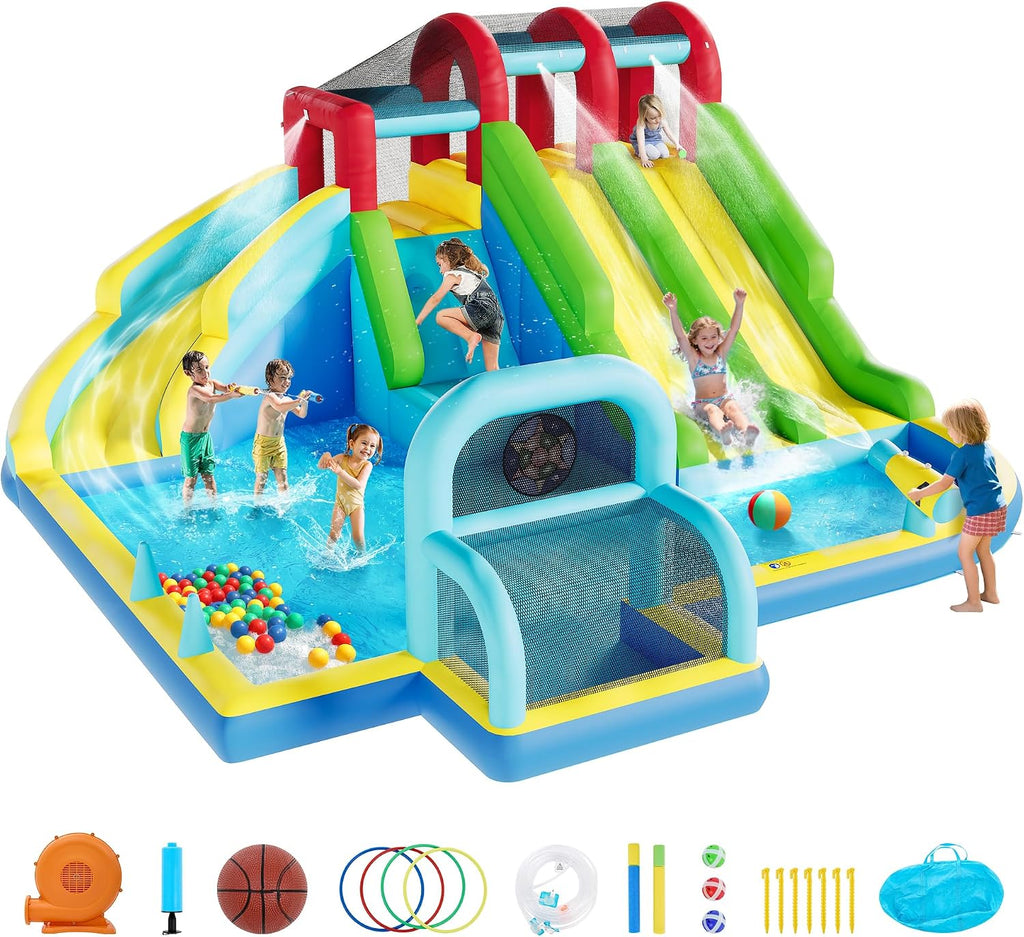 Garvee Inflatable Bounce House, 3 Water Slide Bounce House, Premium Oxford Fabric Bouncy Castle with Blower for Kids, Indoor Outdoor Play Center for Backyard Party & Family Fun