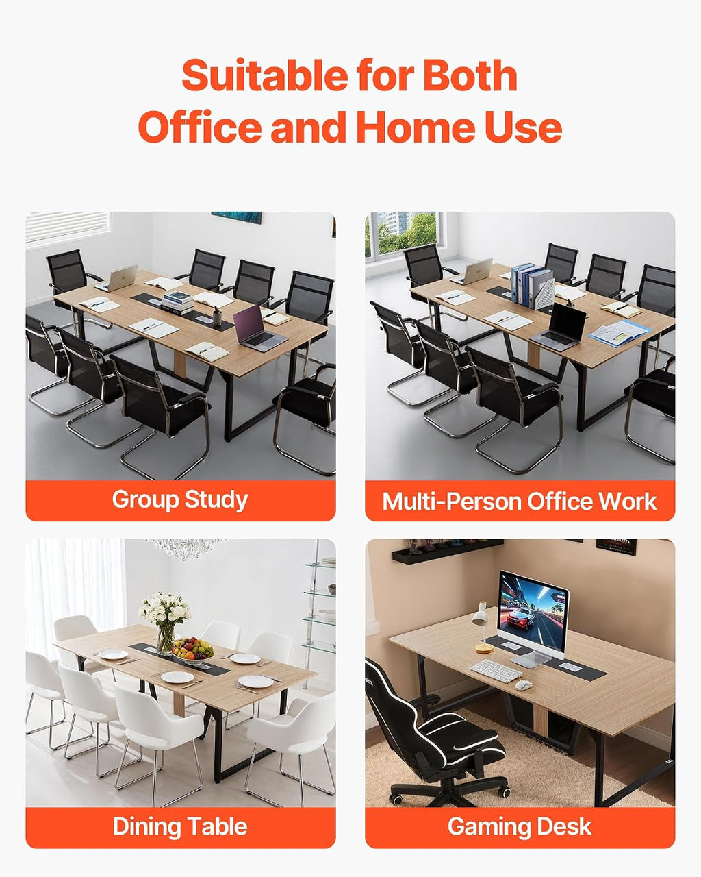 VEVOR Conference Table, 8 ft Office Meeting Table for 10 Person, Modern Rectangle Seminar Desk with Metal Legs, Large Meeting Desk Ideal for Office, Boardroom, Conference Room, Easy Assembly, Brown