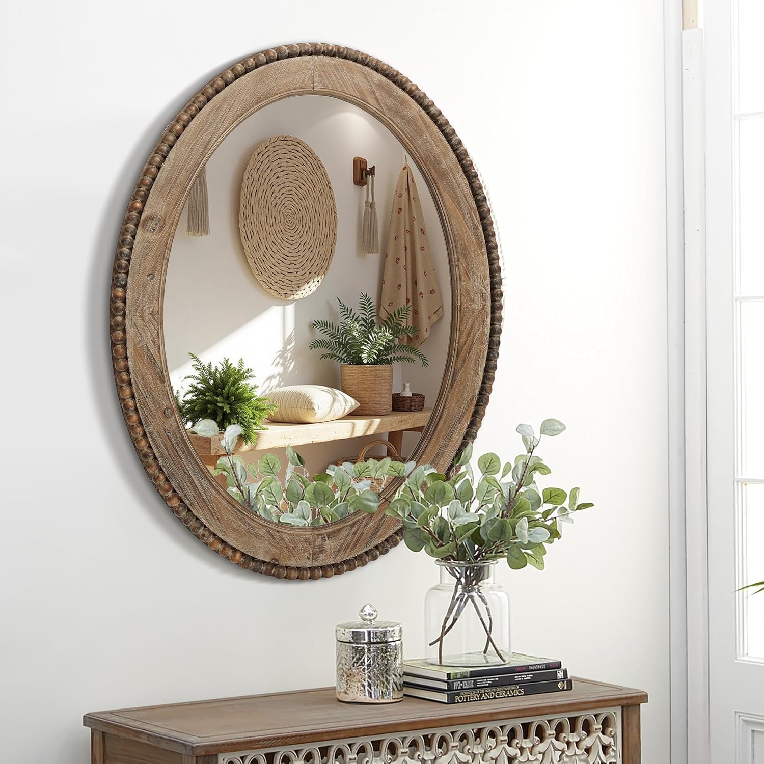 LuxenHome Traditional Oval Wall Mirror, 32-Inch Wood Framed Accent Wall Mirrors, Farmhouse Decorative Wooden Mirror Accent Entryway Wall Mirror, Wall Mounted Mirror Living Room Wall Decor