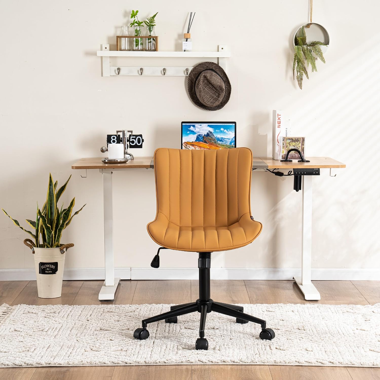 YOUNIKE Ergonomic Home Office Desk Chair with Wheels Comfy Armless Criss Cross Chair with Back Adjustable Height Modern Leather Upholstered Swivel Vanity Chair Small Cute Rolling Task Chair Tan