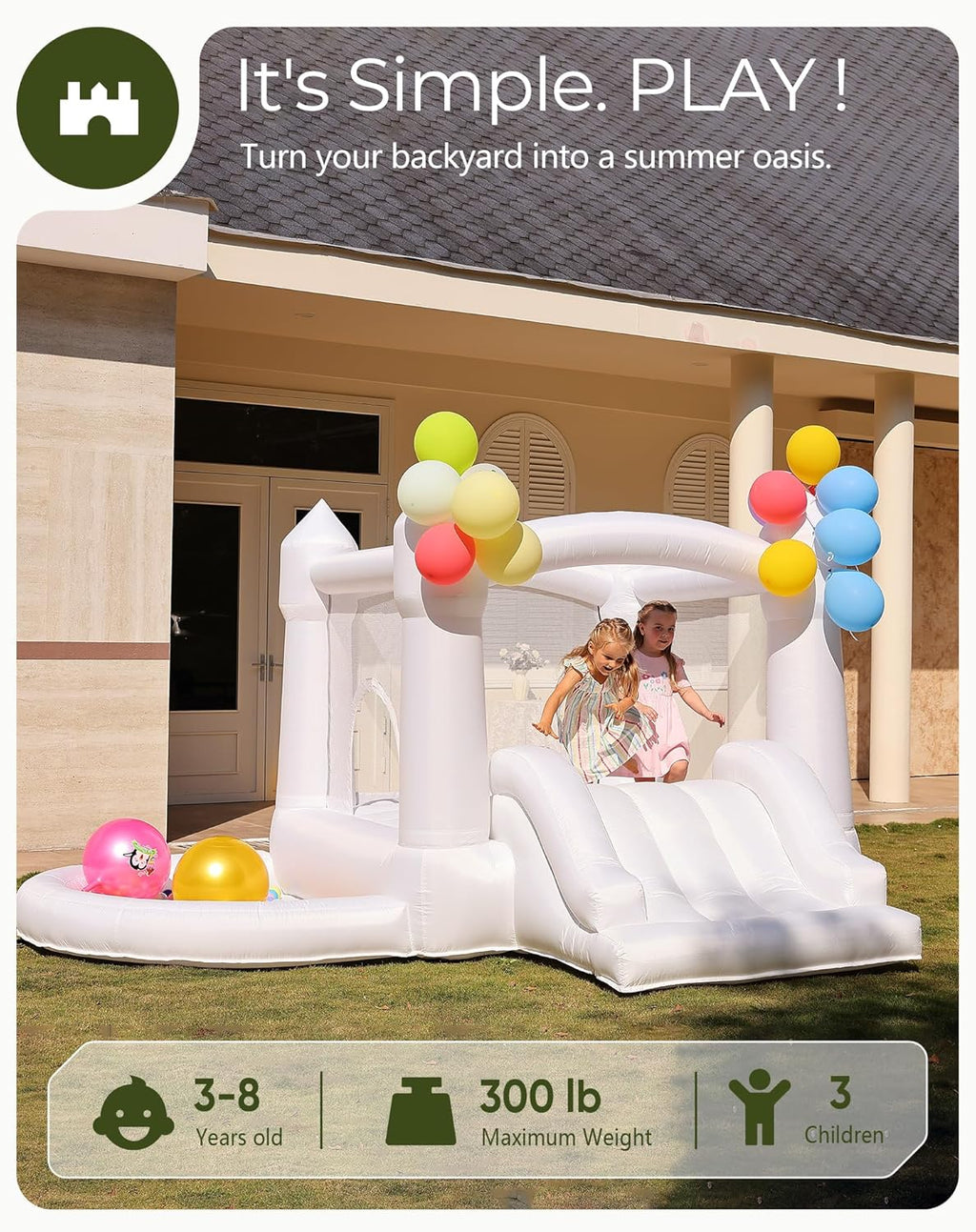 Outfunny White Bounce House with Slide, Indoor Bouncy House for Kids 3-8 w/Ball Pit, Bounce Area 6.5'x6.5', Capacity 300 lb