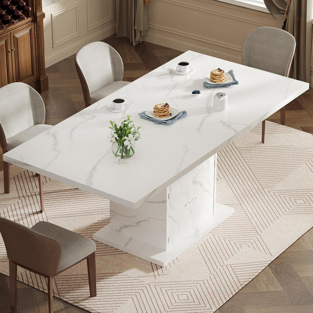 Extendable Dining Room Table for 4-6, 47-63 Inch Rectangle Kitchen Dining Table with Storage, Expandable Modern Rectangle Dinner Table with Faux Marble Top for Kitchen, Dining Room, White Faux Marble