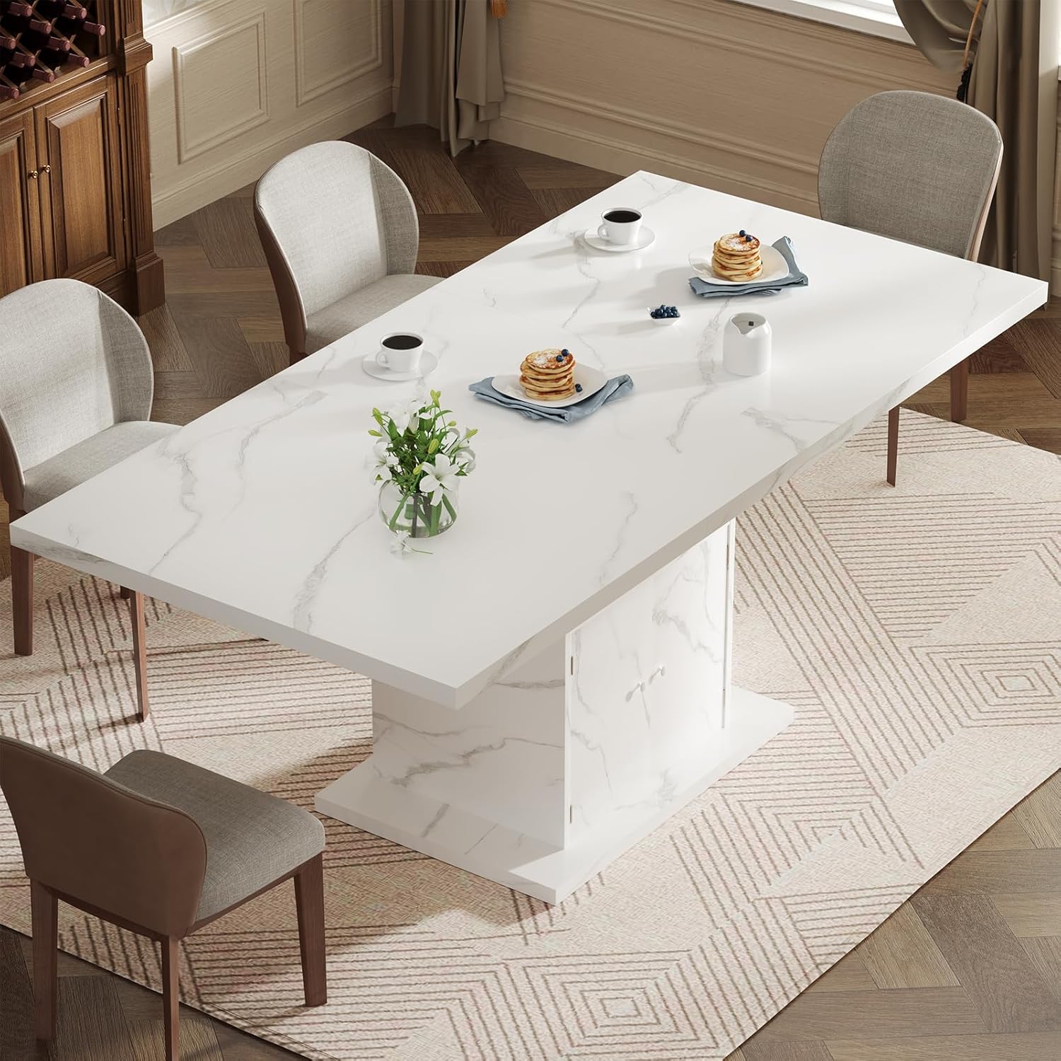 Extendable Dining Room Table for 4-6, 47-63 Inch Rectangle Kitchen Dining Table with Storage, Expandable Modern Rectangle Dinner Table with Faux Marble Top for Kitchen, Dining Room, White Faux Marble
